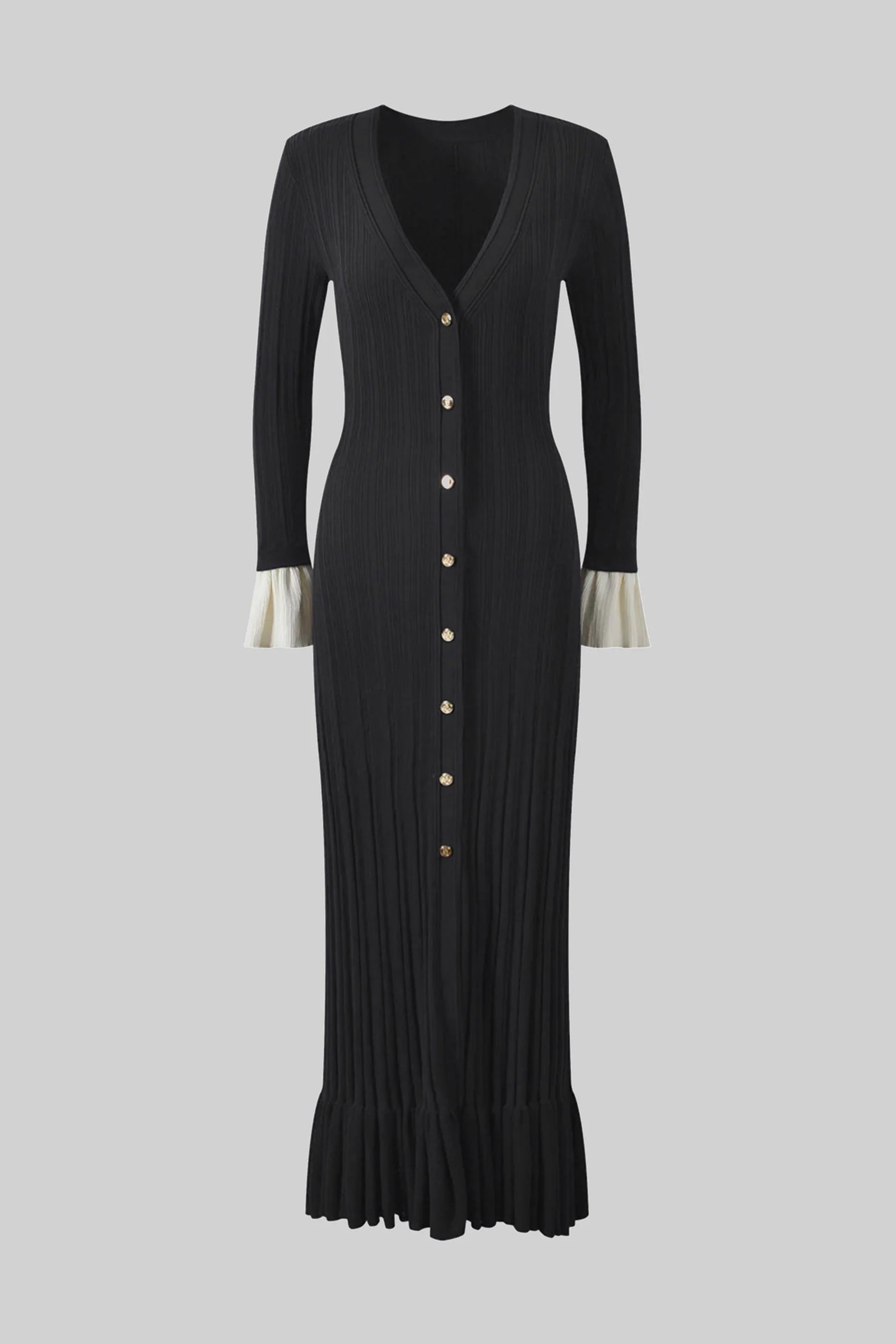Robe longue en maille plissée à manches longues avec boutonnage sur le devant et poignets contrastants - Marine 