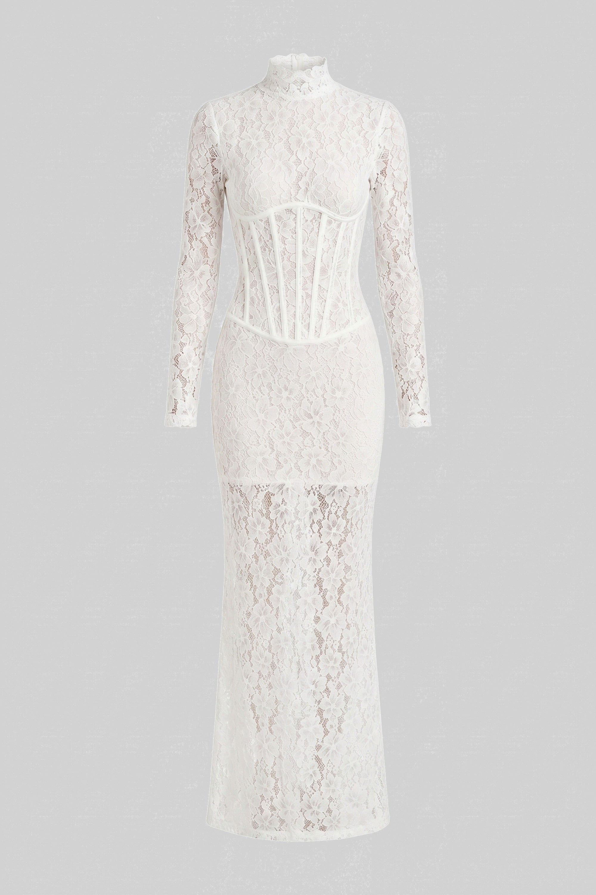 High-Neck Long-Sleeve Lace Maxi Dress With Column Silhouette - White