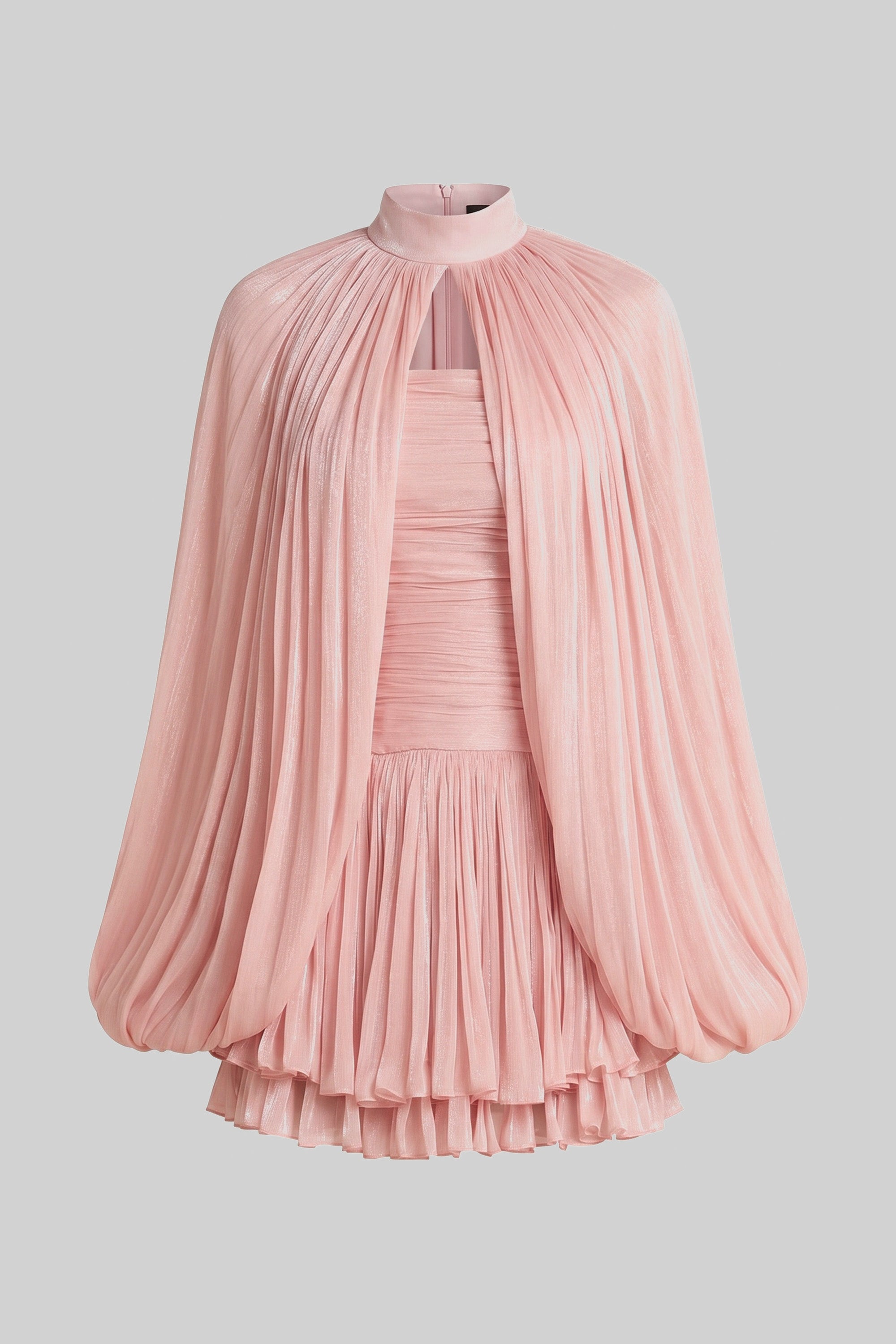 Robe mini à col montant et manches ballon avec jupe plissée - Rose 