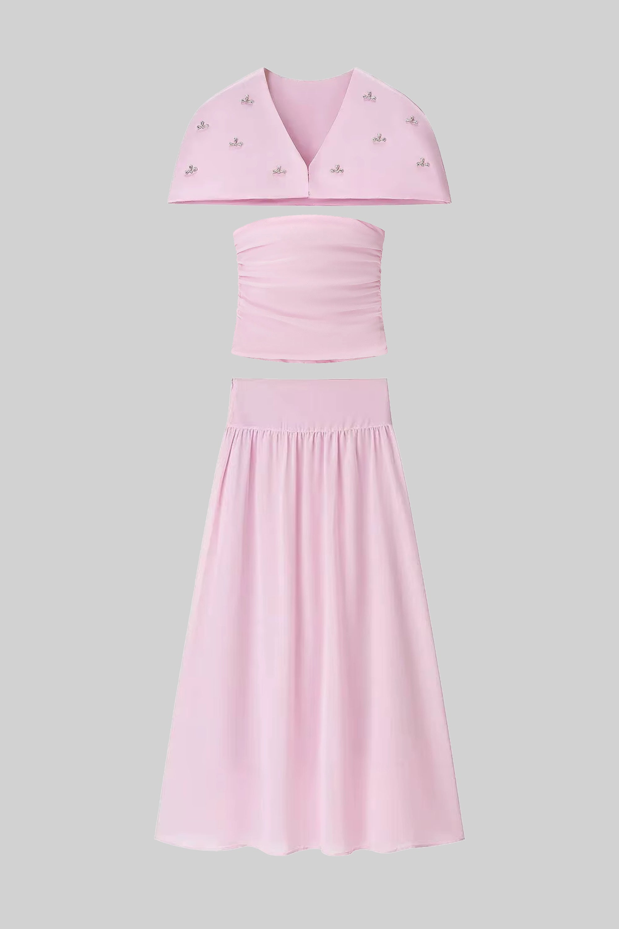 Ensemble coordonné 3 pièces avec top froncé, cape amovible et jupe maxi - Rose 