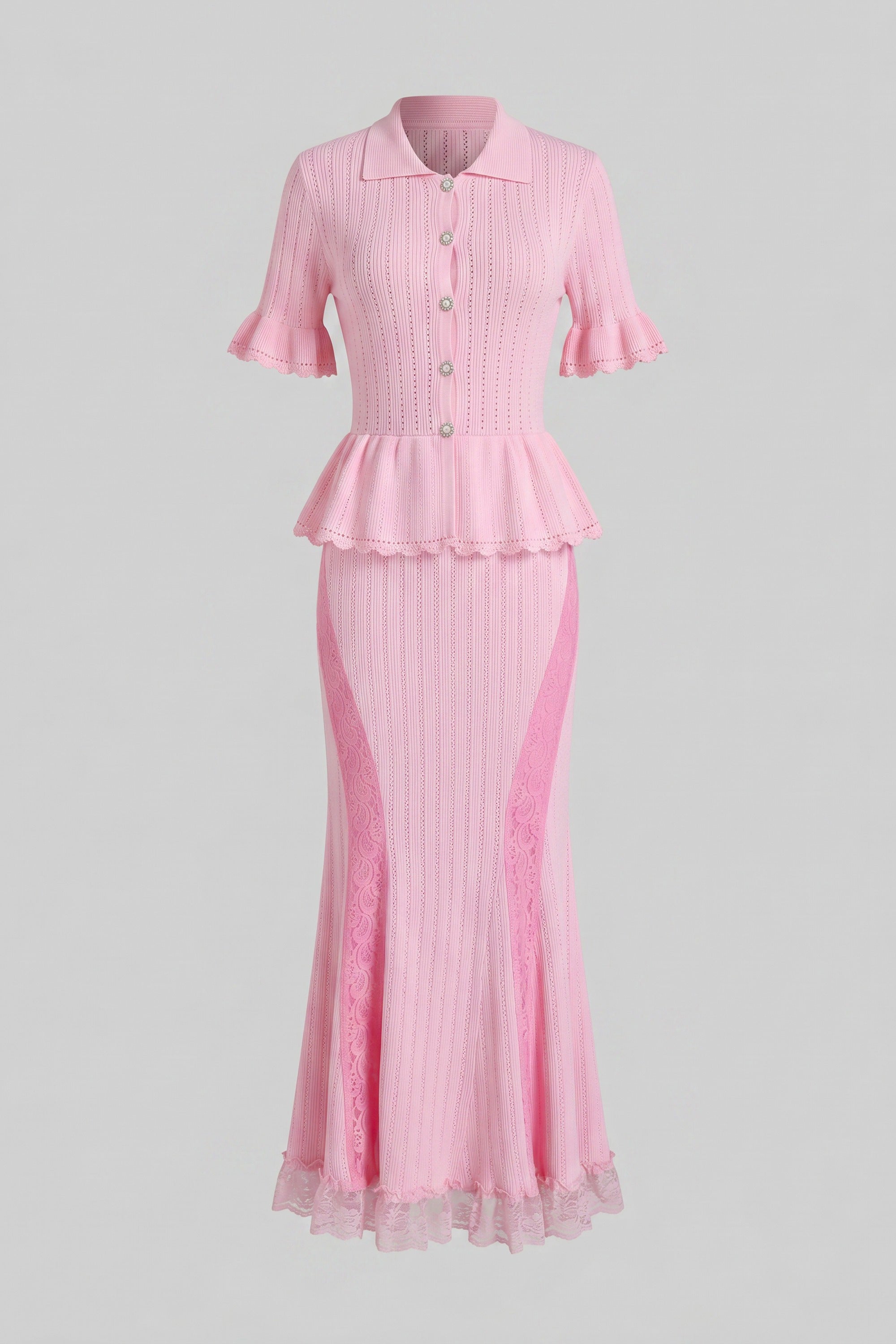 Robe maxi en maille à col Claudine et basque, avec ourlet en dentelle - Rose 