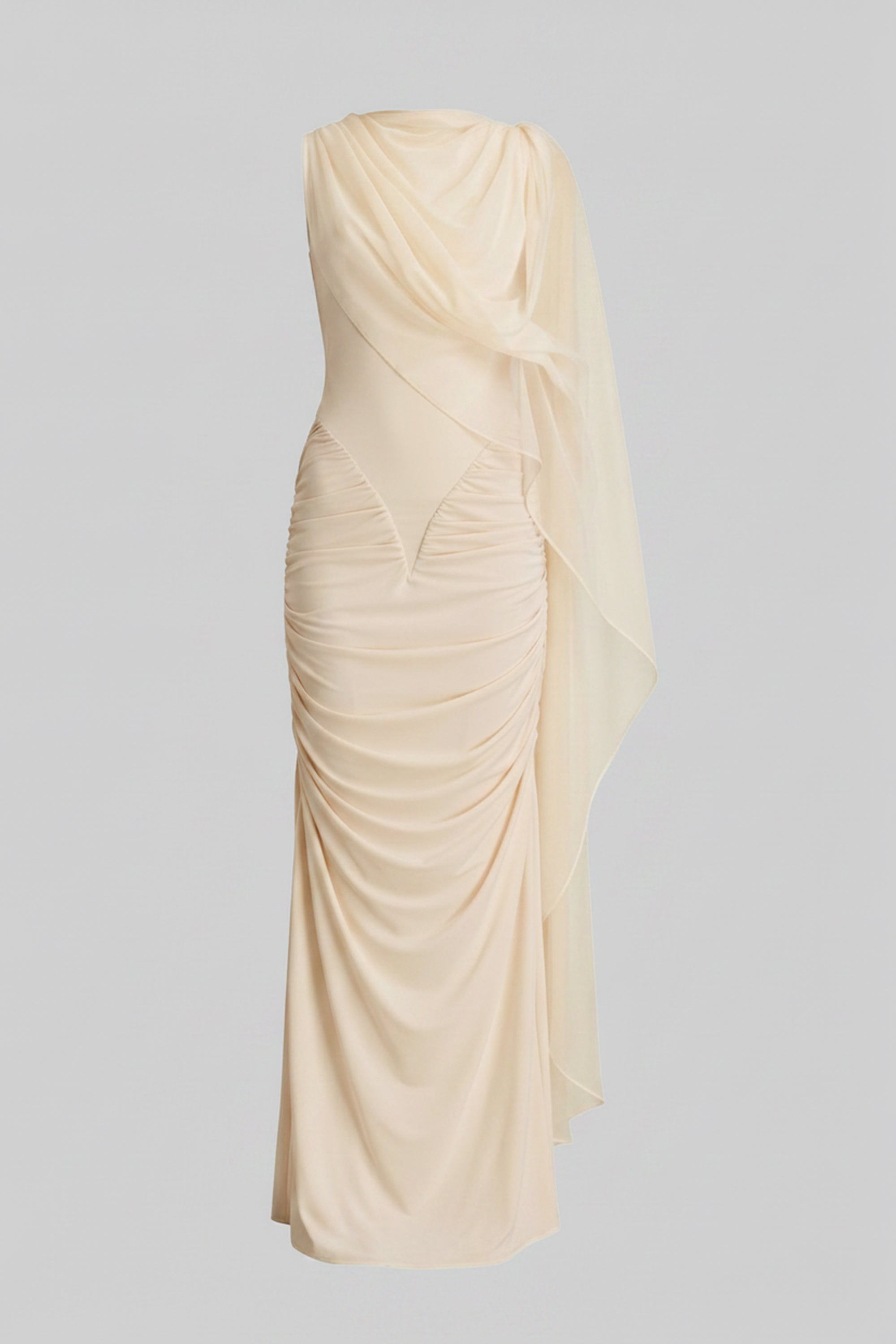 Robe Maxi Drapée à Une Épaule avec Détail Écharpe Transparente - Jaune 