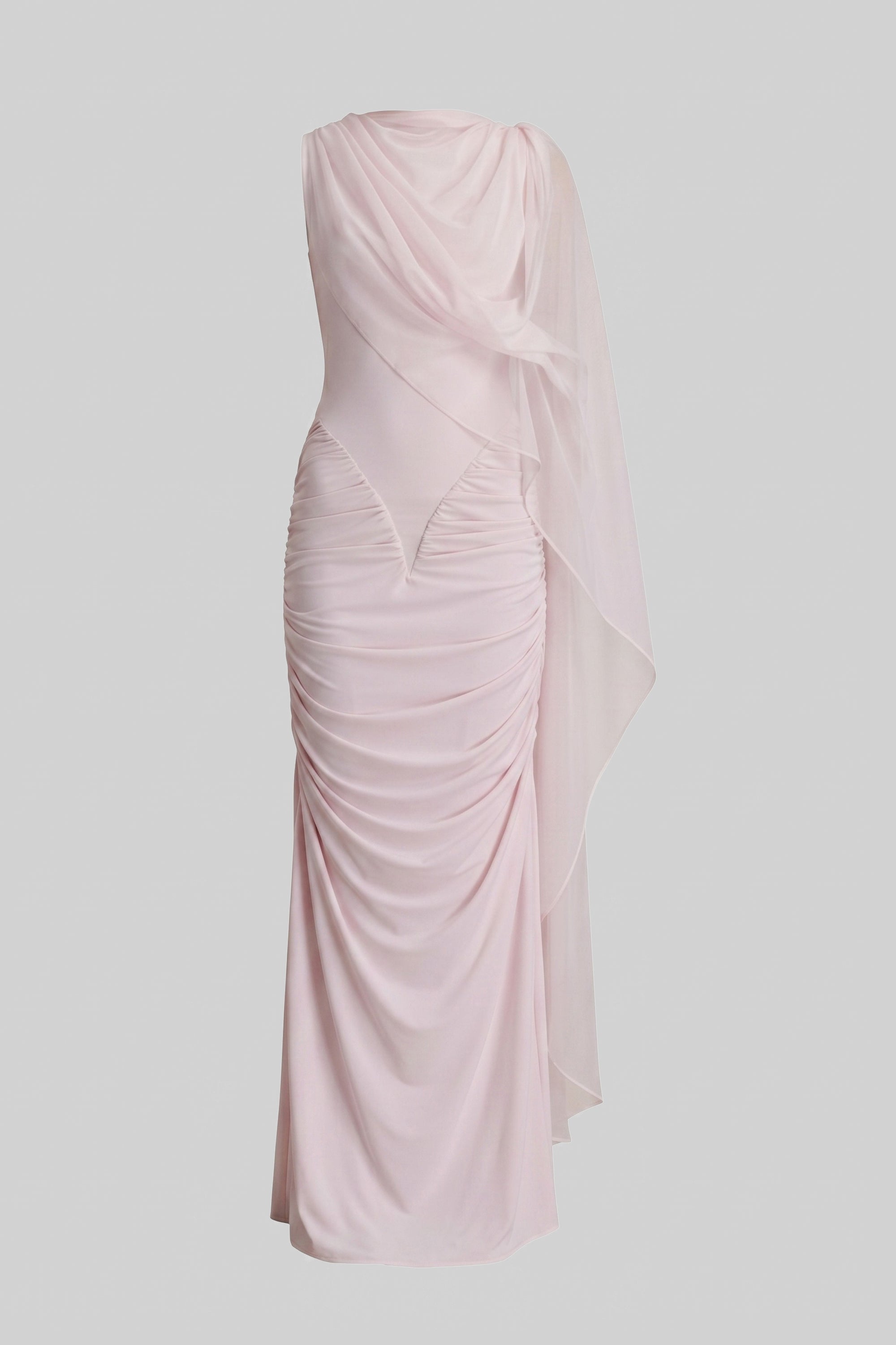 Robe longue drapée à une épaule avec détail écharpe transparente - Rose 