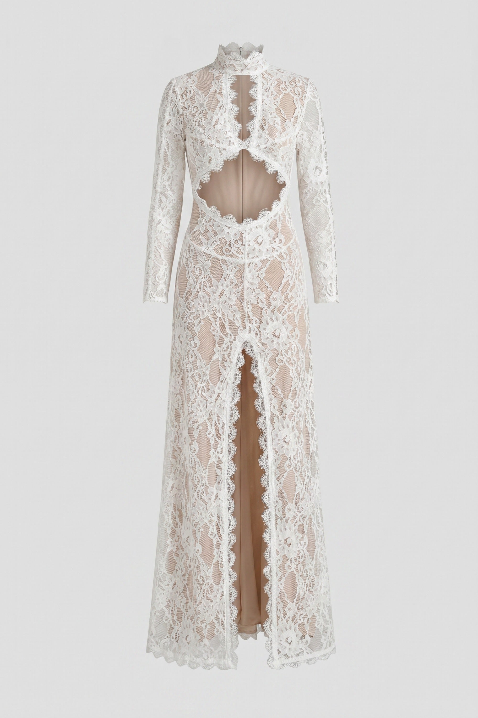 Robe élégante en dentelle avec col montant, découpe frontale et fente - blanc 
