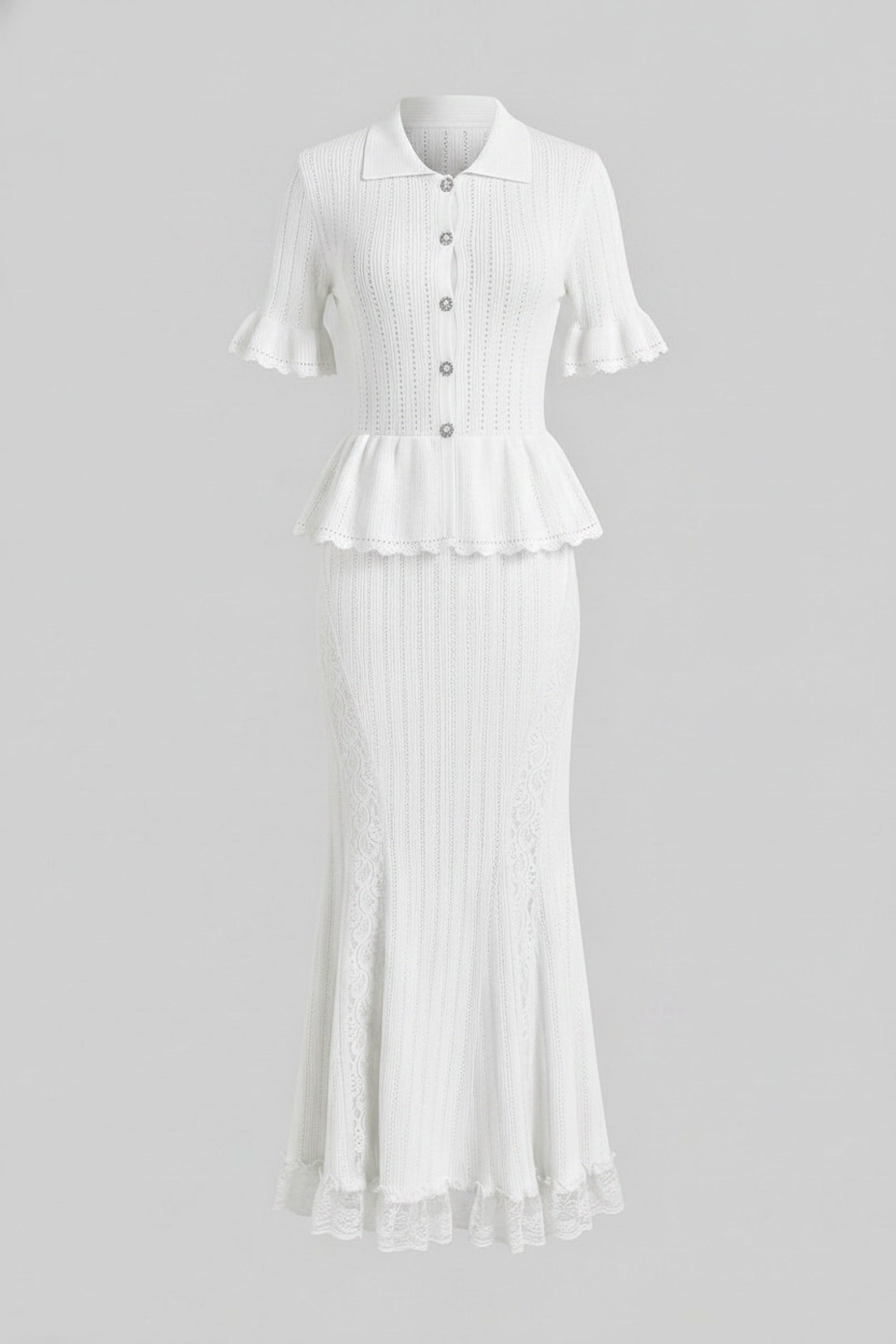 Robe longue peplum en maille à col Claudine avec ourlet en dentelle - Blanc 