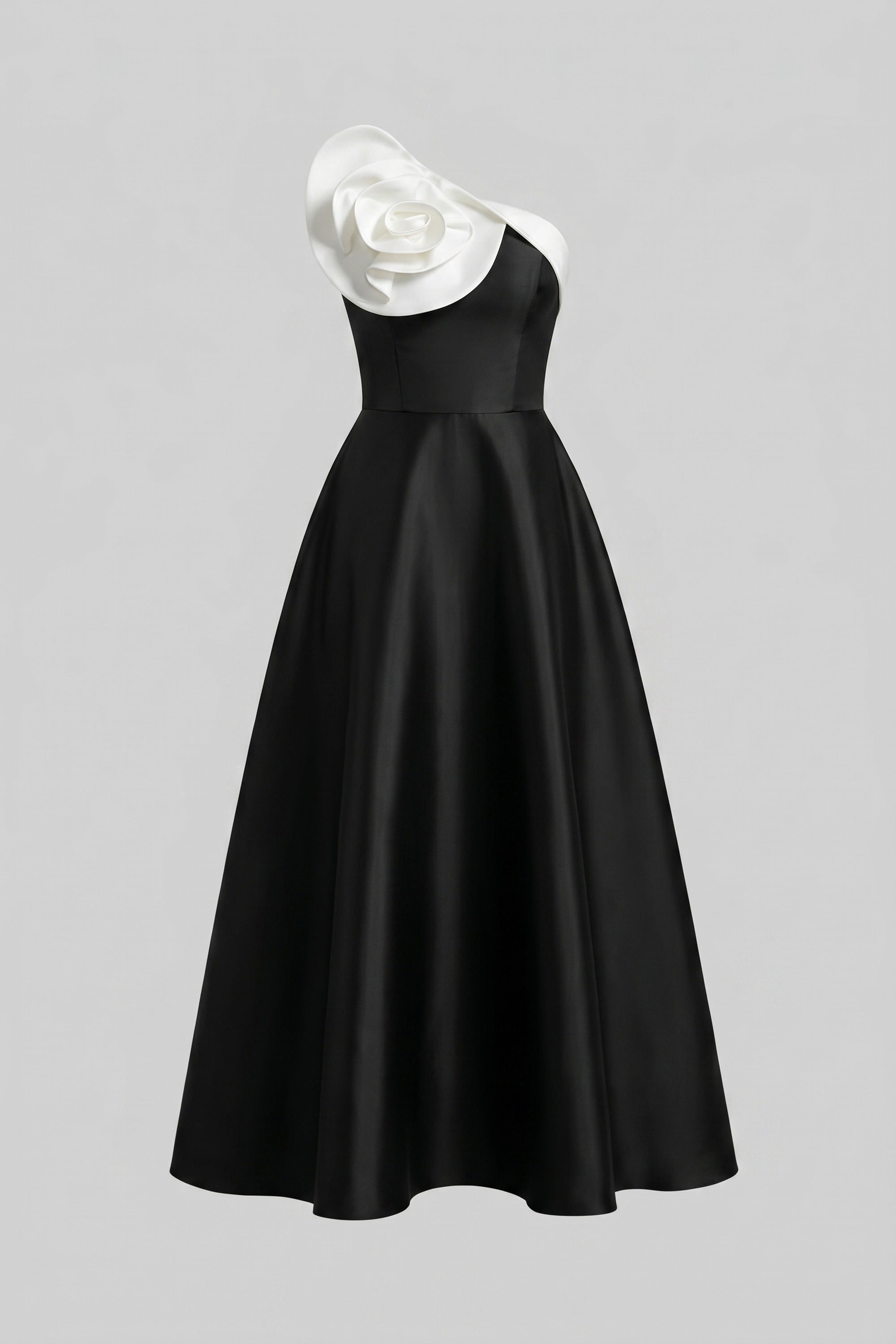 One-Shoulder Ballgown With Oversized 3D Rose And Full Skirt - Black