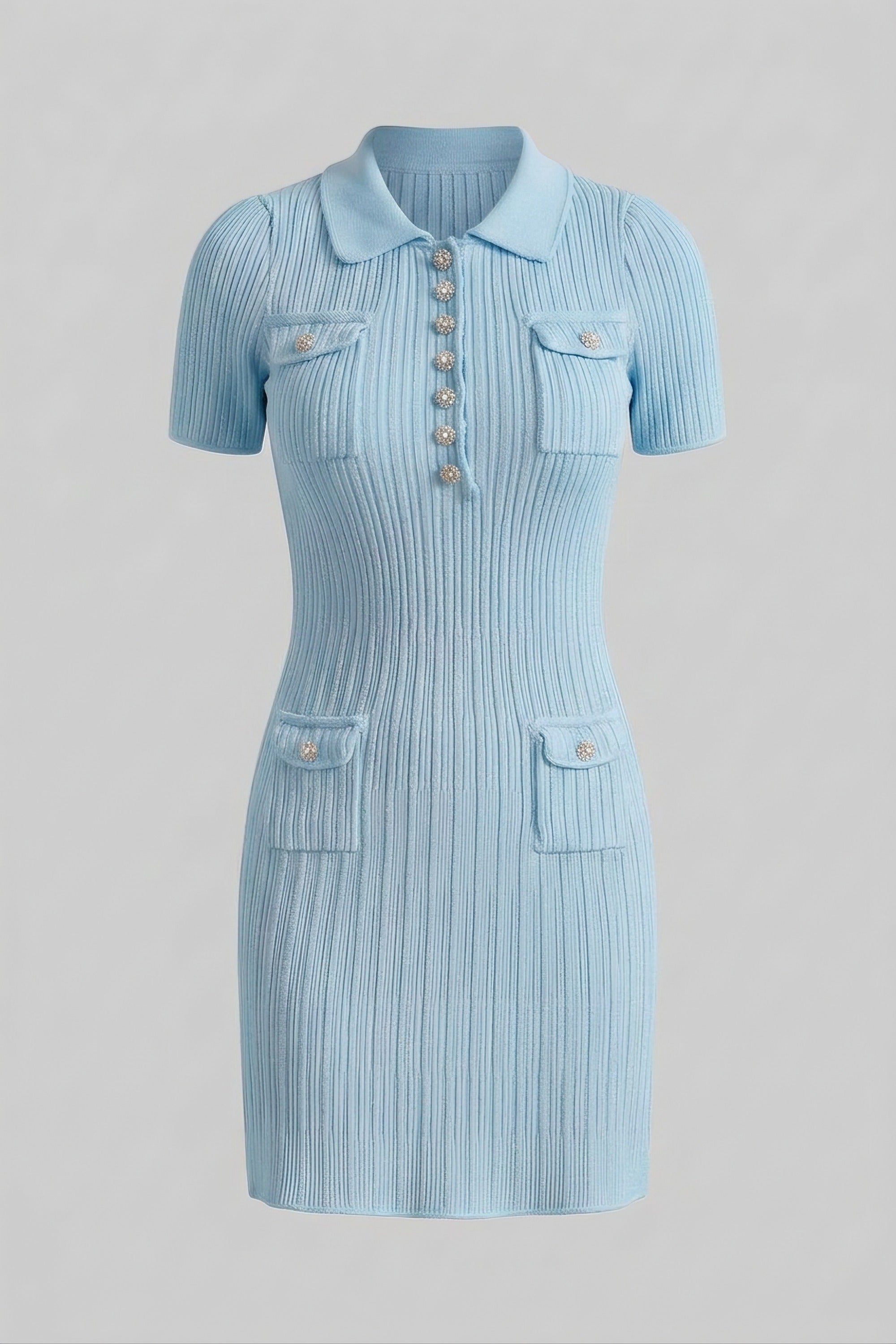 Robe mini en maille côtelée boutonnée sur le devant - Baby Blue 
