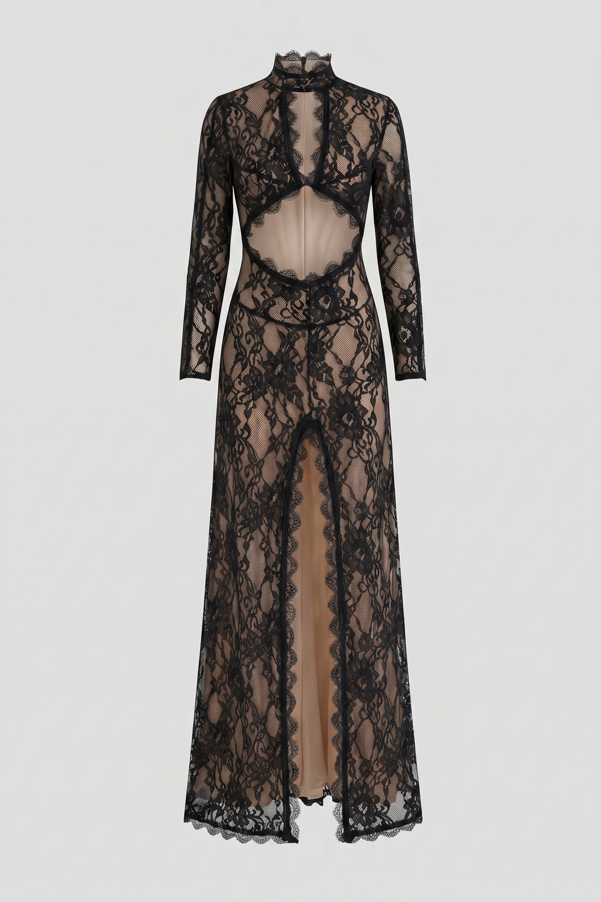 Robe en dentelle élégante avec col montant, découpe à l’avant et fente - Noir 