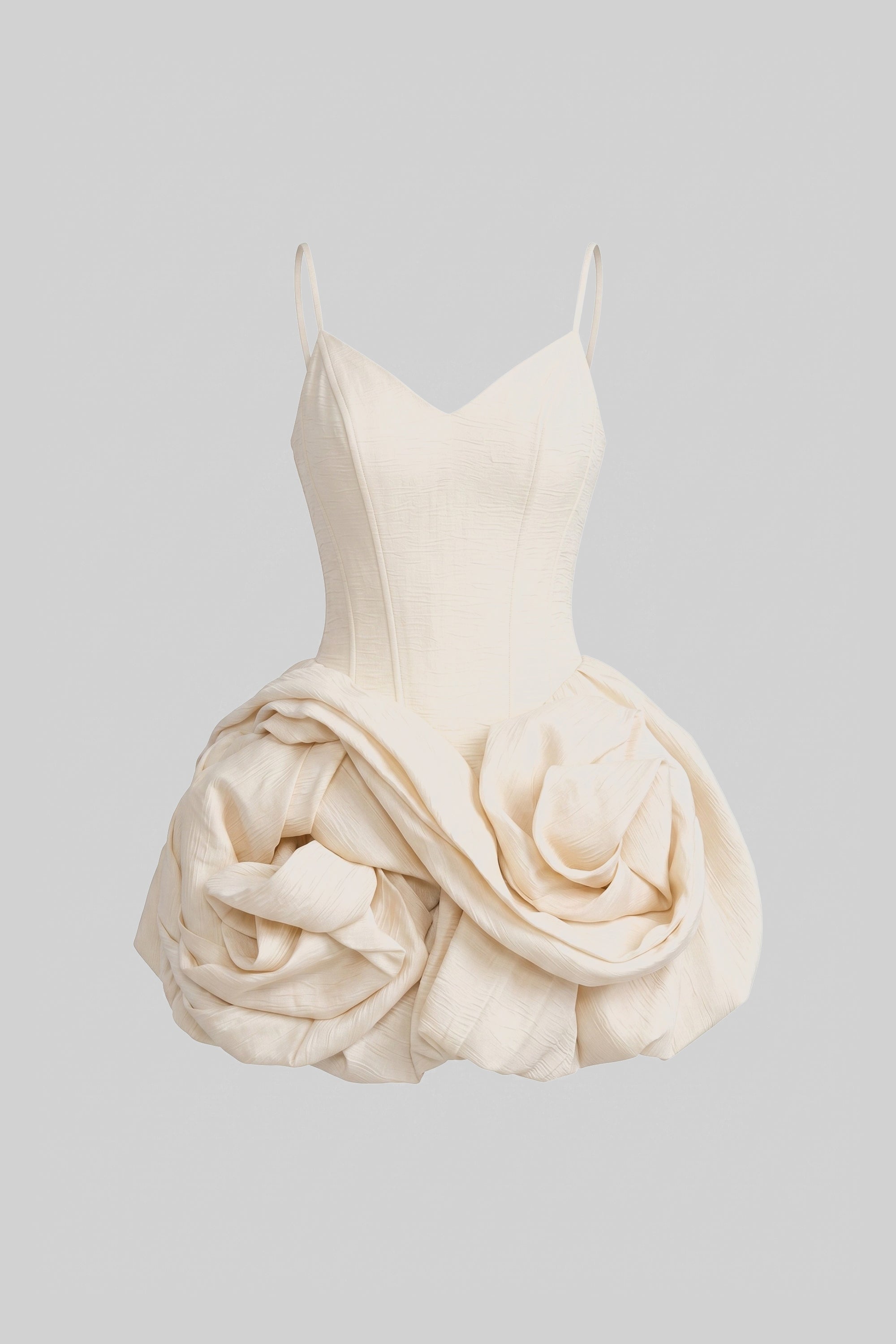 Mini-robe en velours à fines bretelles avec jupe rose 3D - Ivoire 