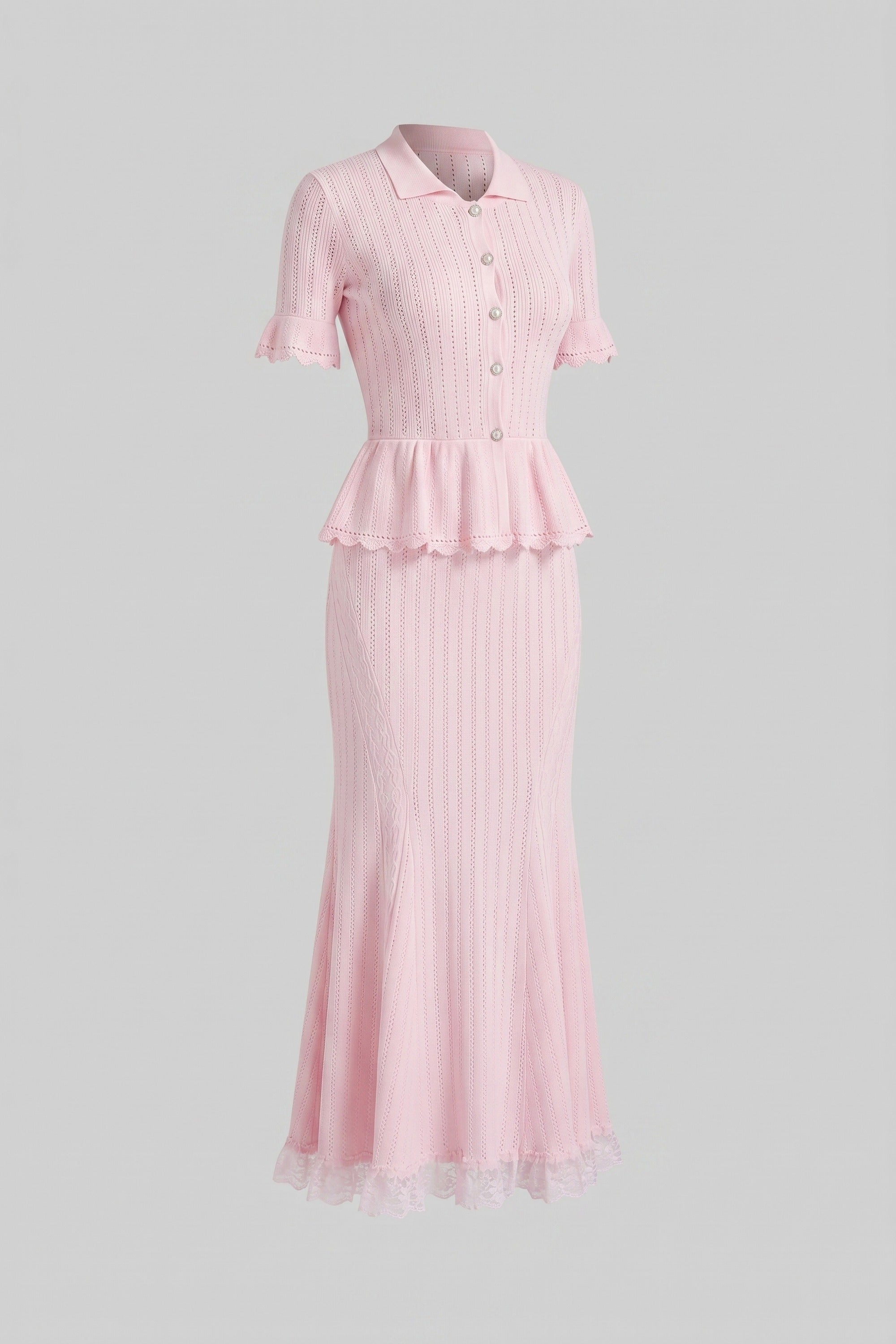 Robe maxi en maille à col Claudine et basque, avec ourlet en dentelle - Rose 
