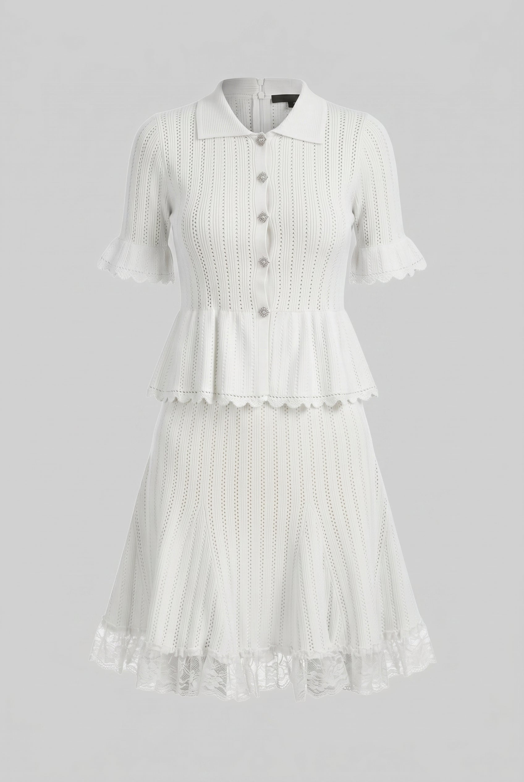 Robe mini en maille à col Peter Pan et basque avec ourlet en dentelle - Blanc 