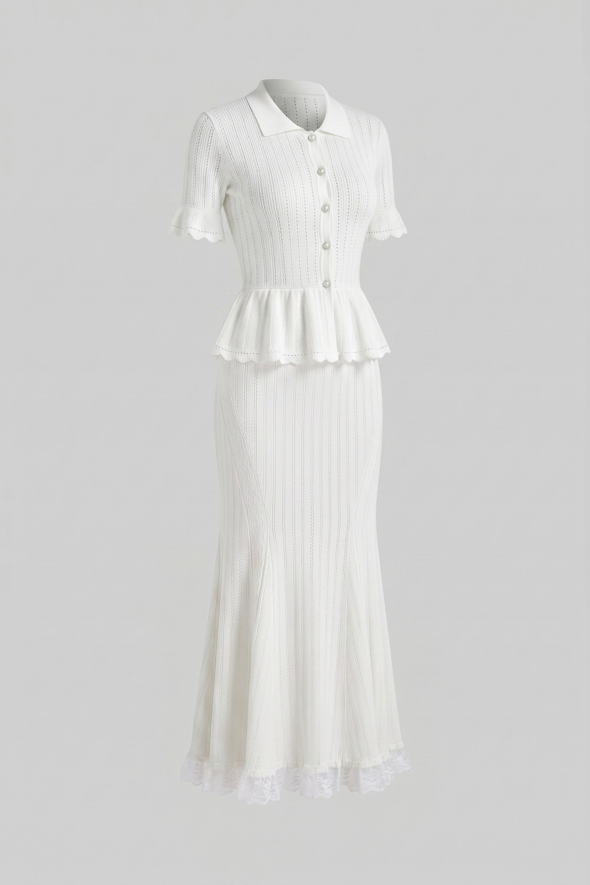 Robe longue peplum en maille à col Claudine avec ourlet en dentelle - Blanc 