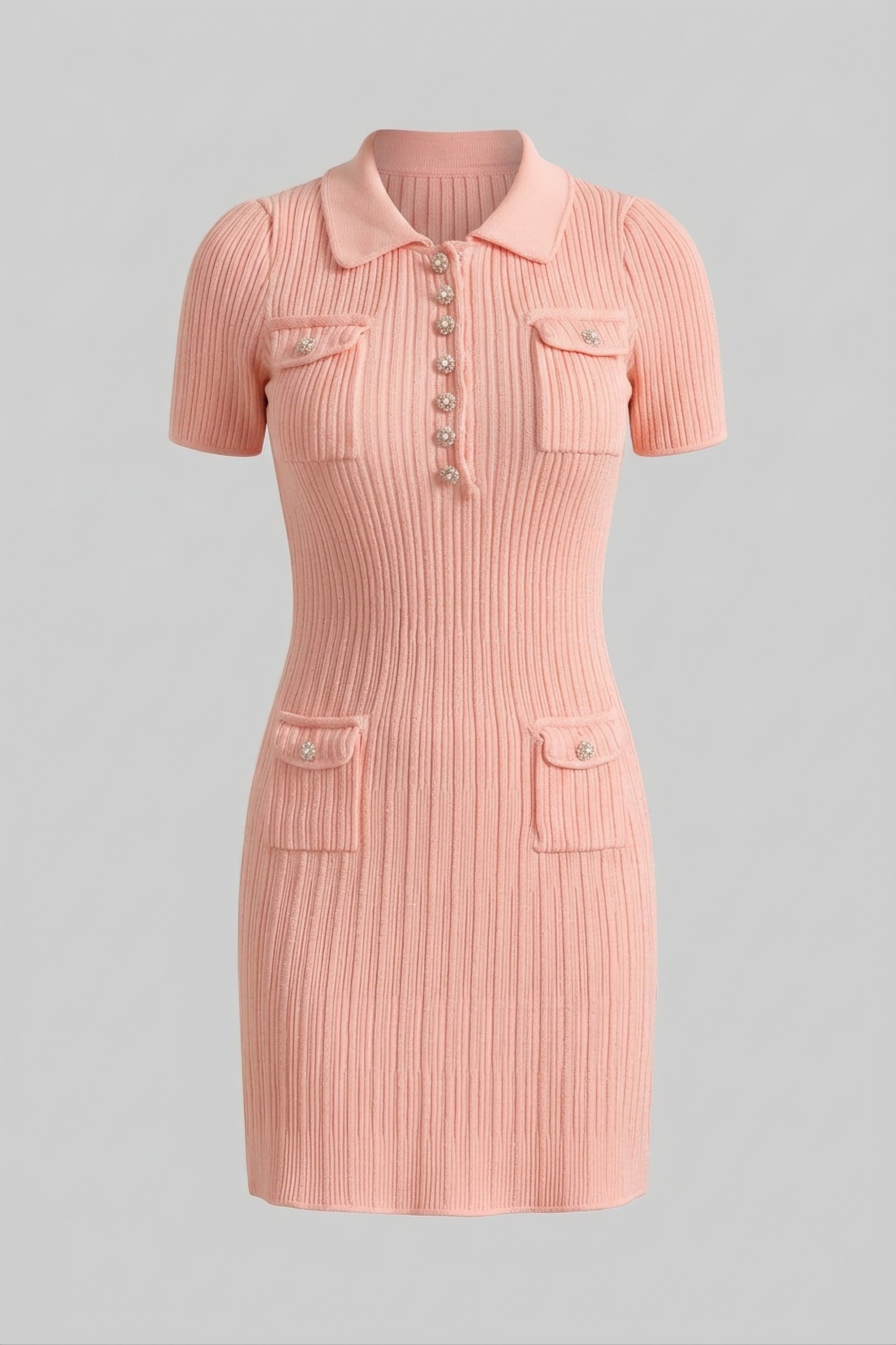 Robe mini en maille côtelée à boutons sur le devant - Peach 