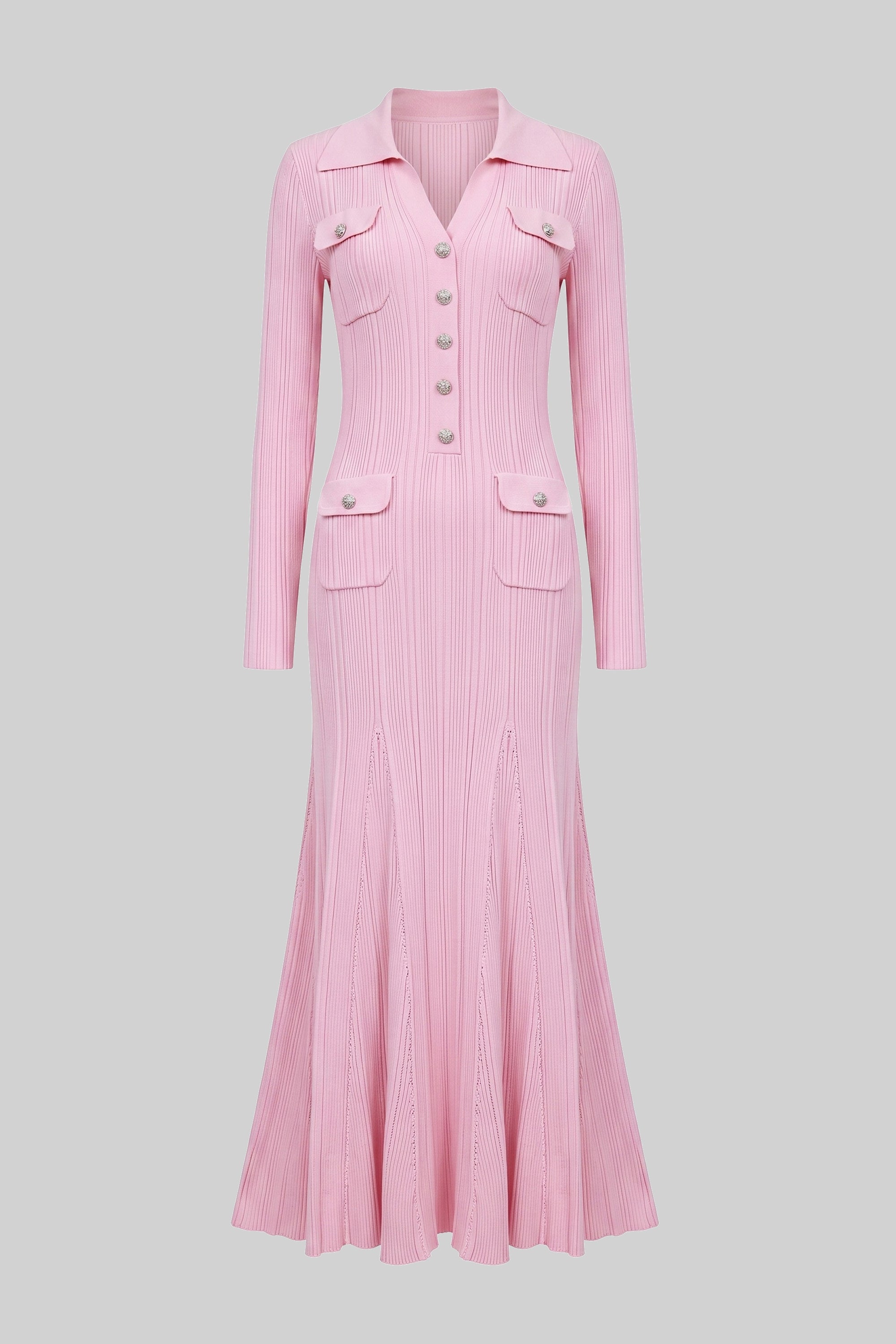 Robe maxi en maille à manches longues avec fermeture boutonnée sur le devant et poches plaquées - Rose 