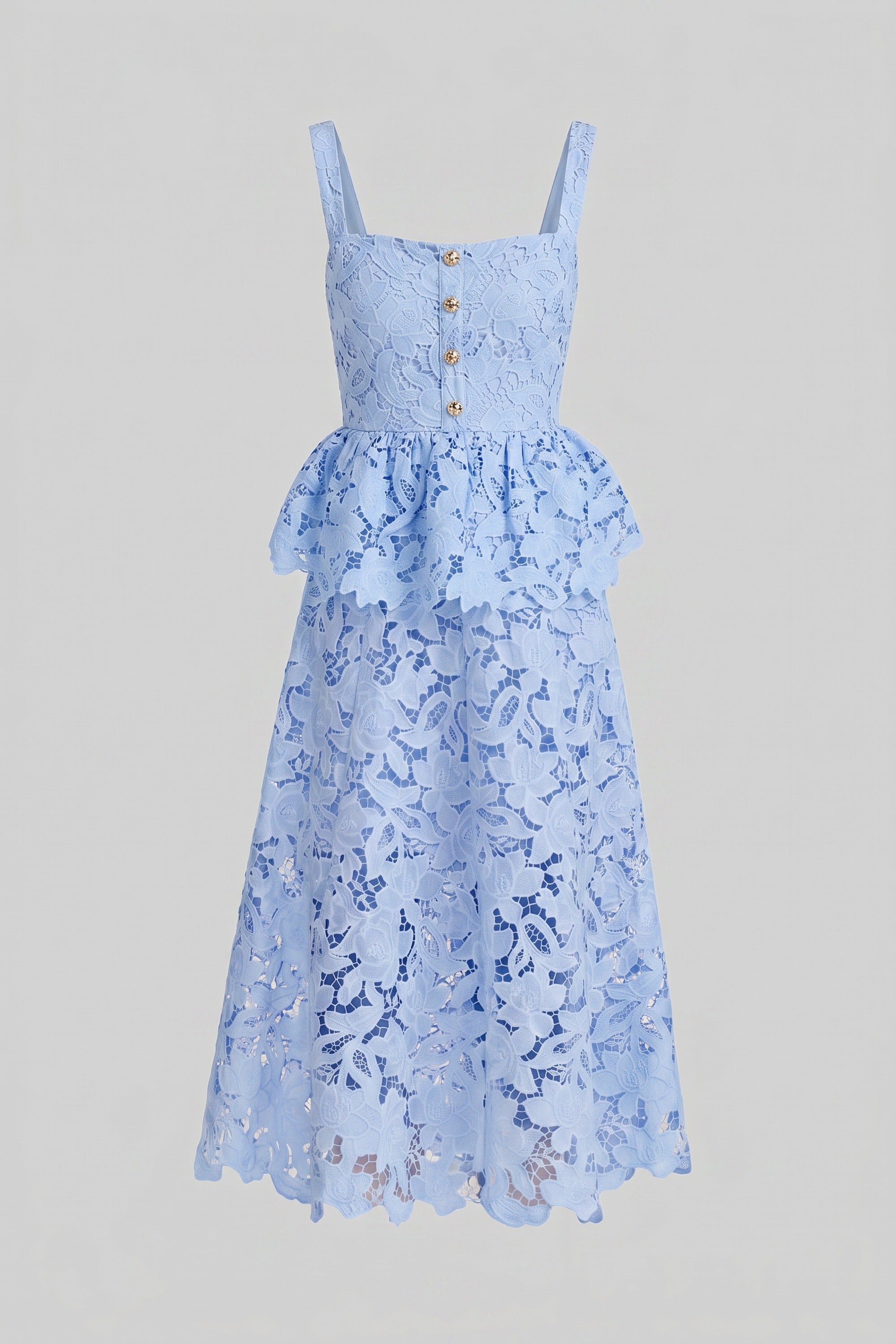 Robe sans manches en dentelle avec basque, jupe midi et boutons dorés - Bleu 