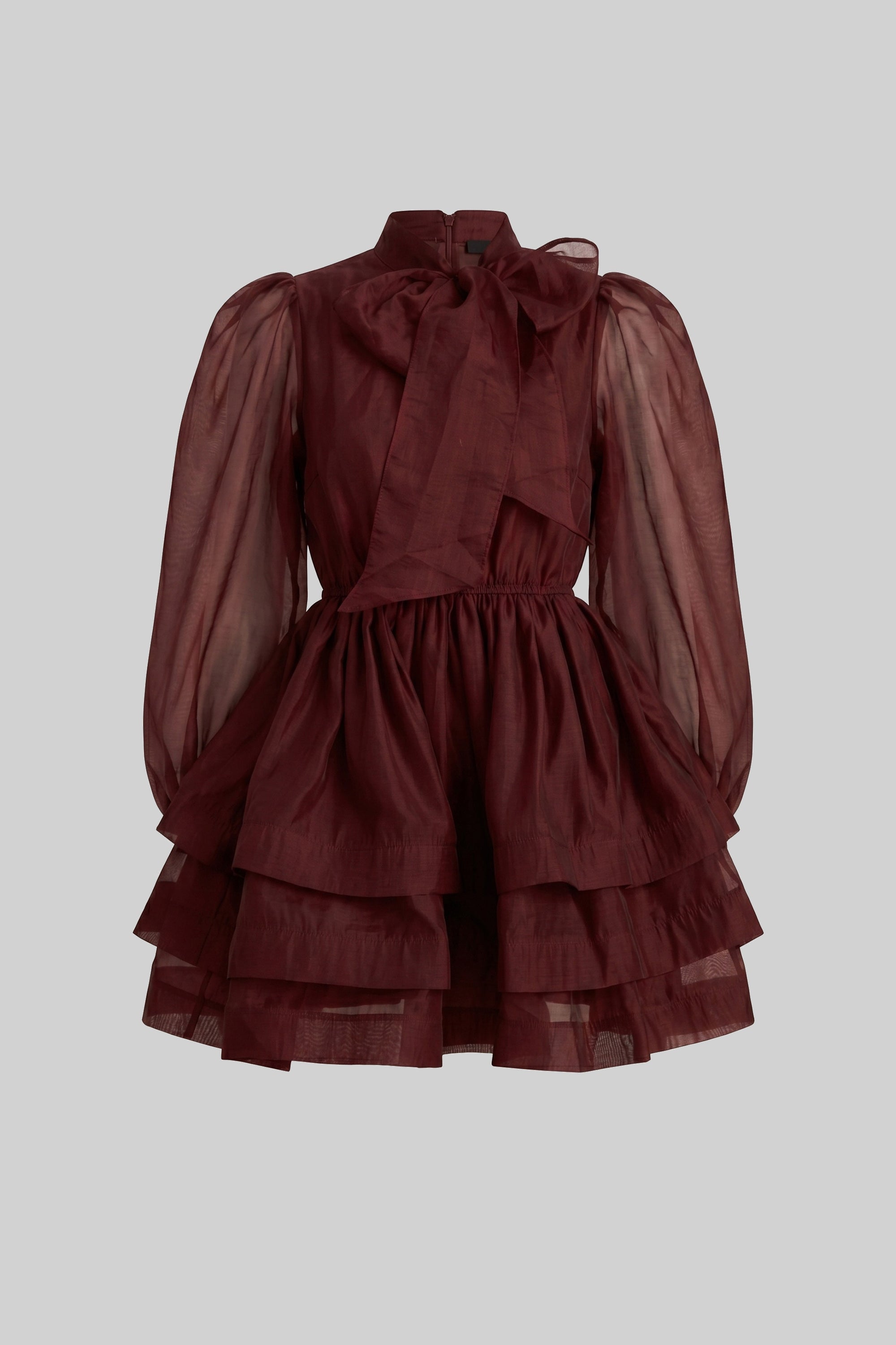 Robe mini à col montant avec manches bouffantes, jupe à volants à étages et nœud - Wine 