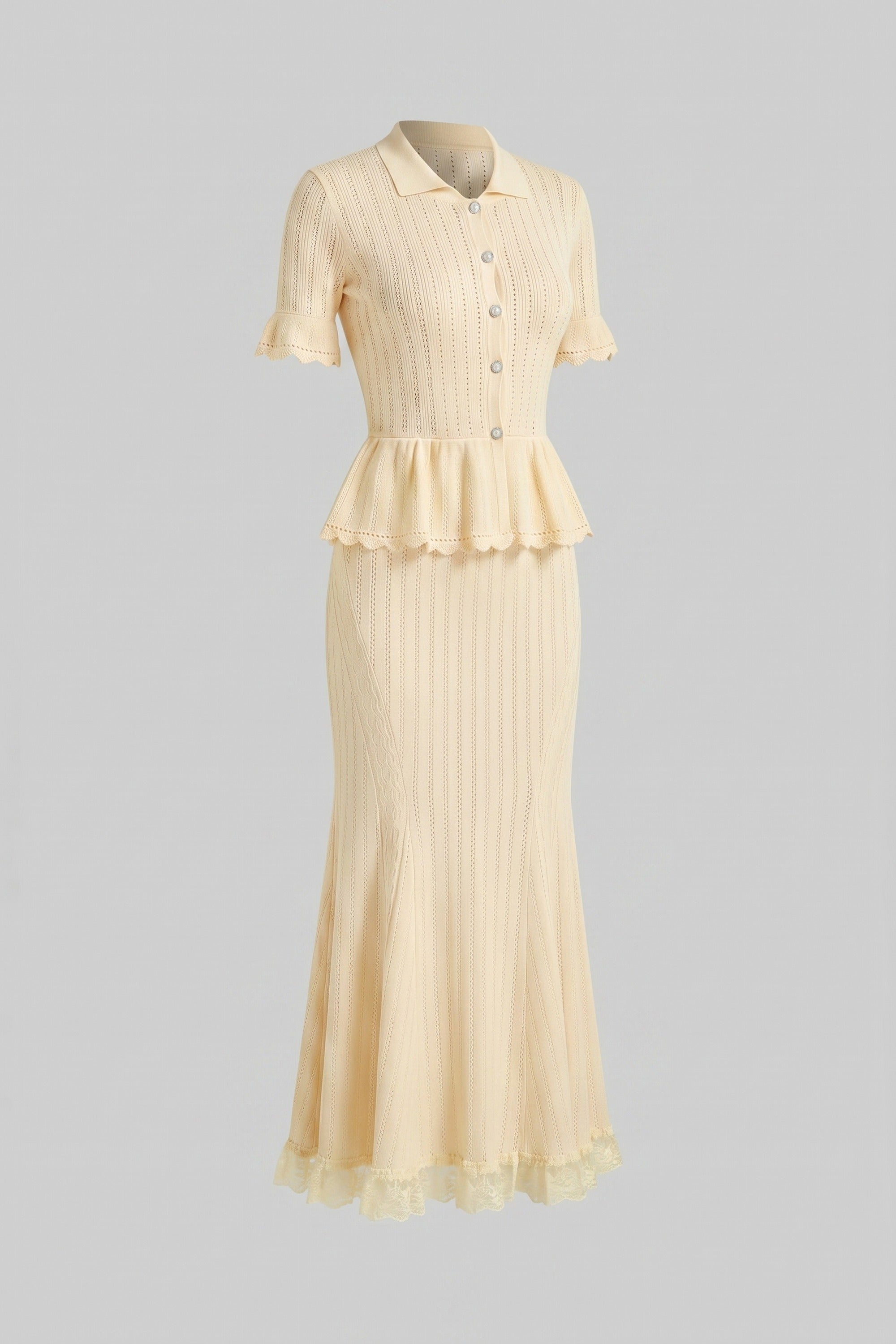 Robe maxi péplum en maille avec col Peter Pan et ourlet en dentelle - Jaune 