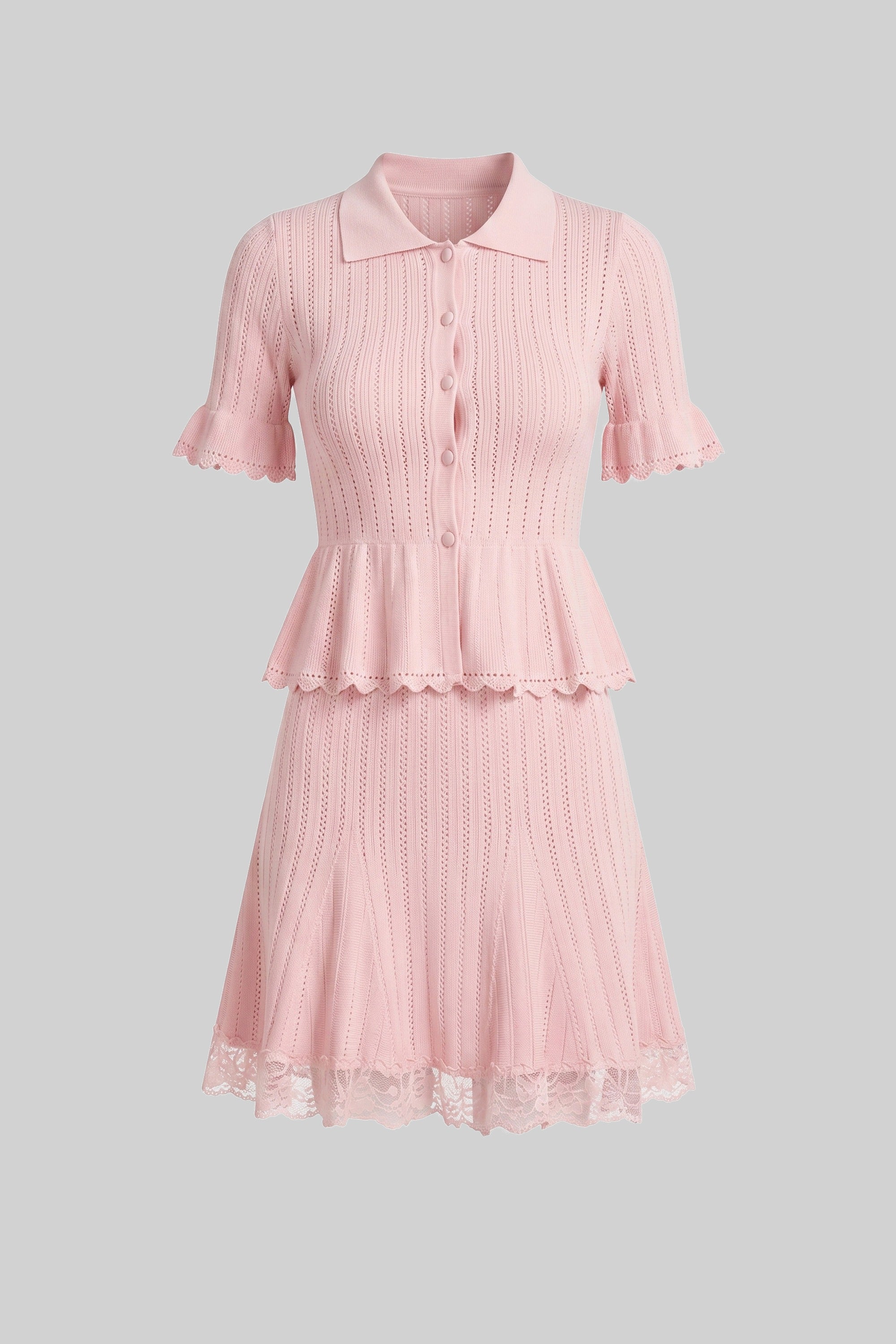 Robe mini en maille à peplum avec col Claudine et ourlet en dentelle - Rose 