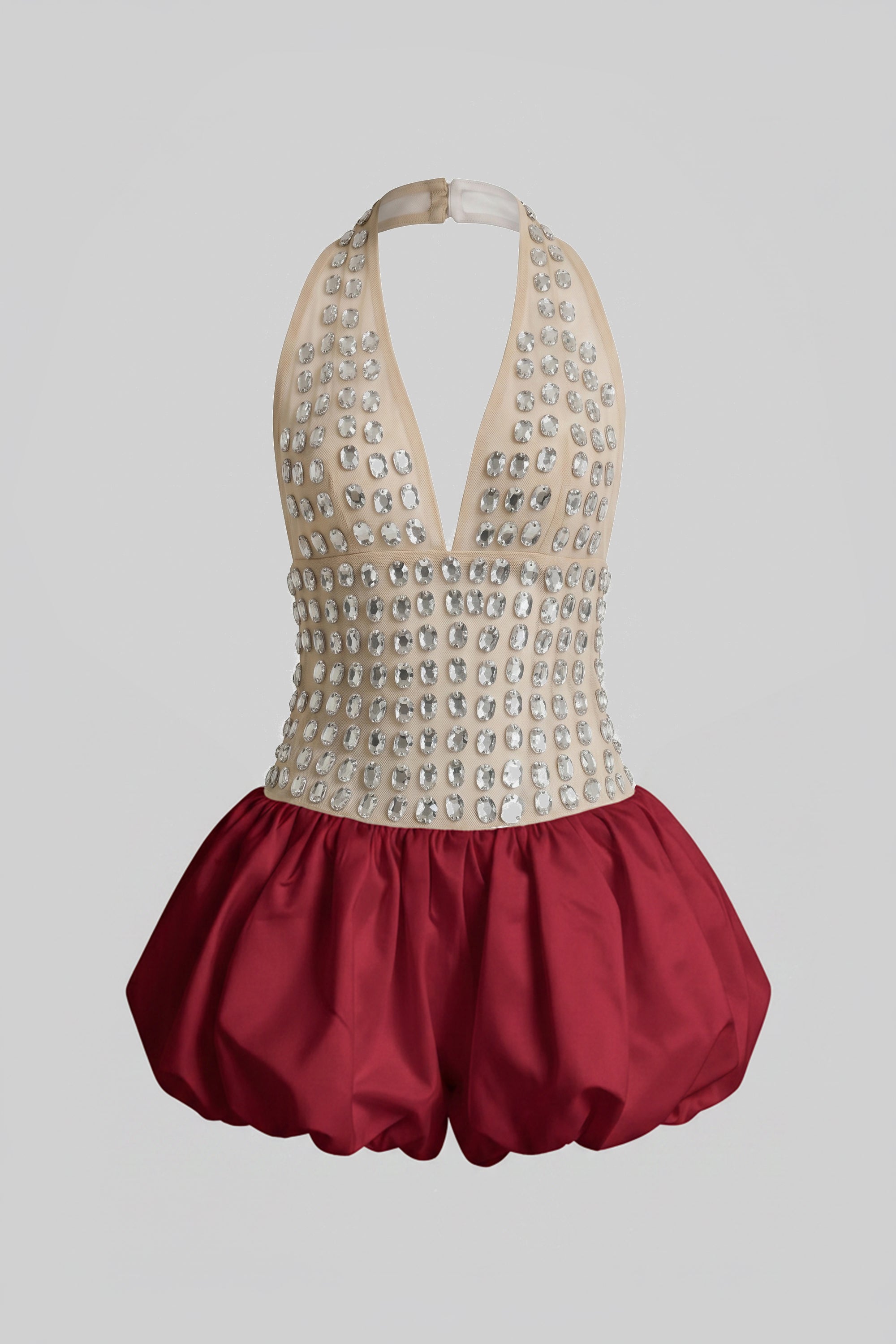 Robe courte à licou ornée de cristaux avec jupe boule - Rouge 