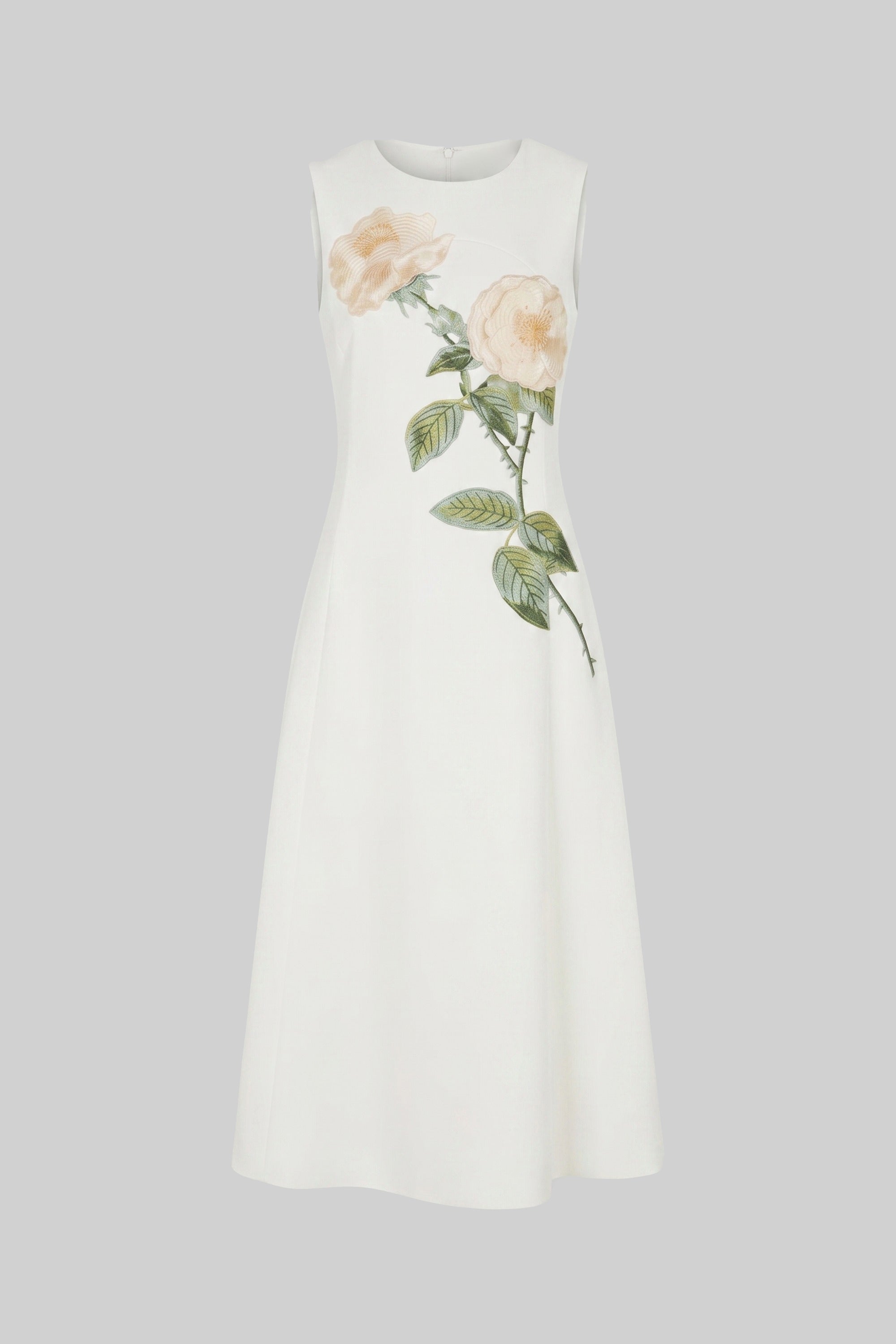 Robe midi sans manches avec appliqué floral 3D et jupe ample - Blanc 