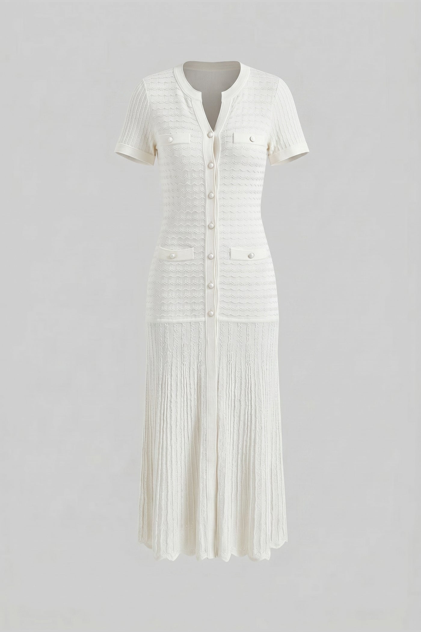 Robe midi à manches courtes avec texture en maille scintillante - Blanc 