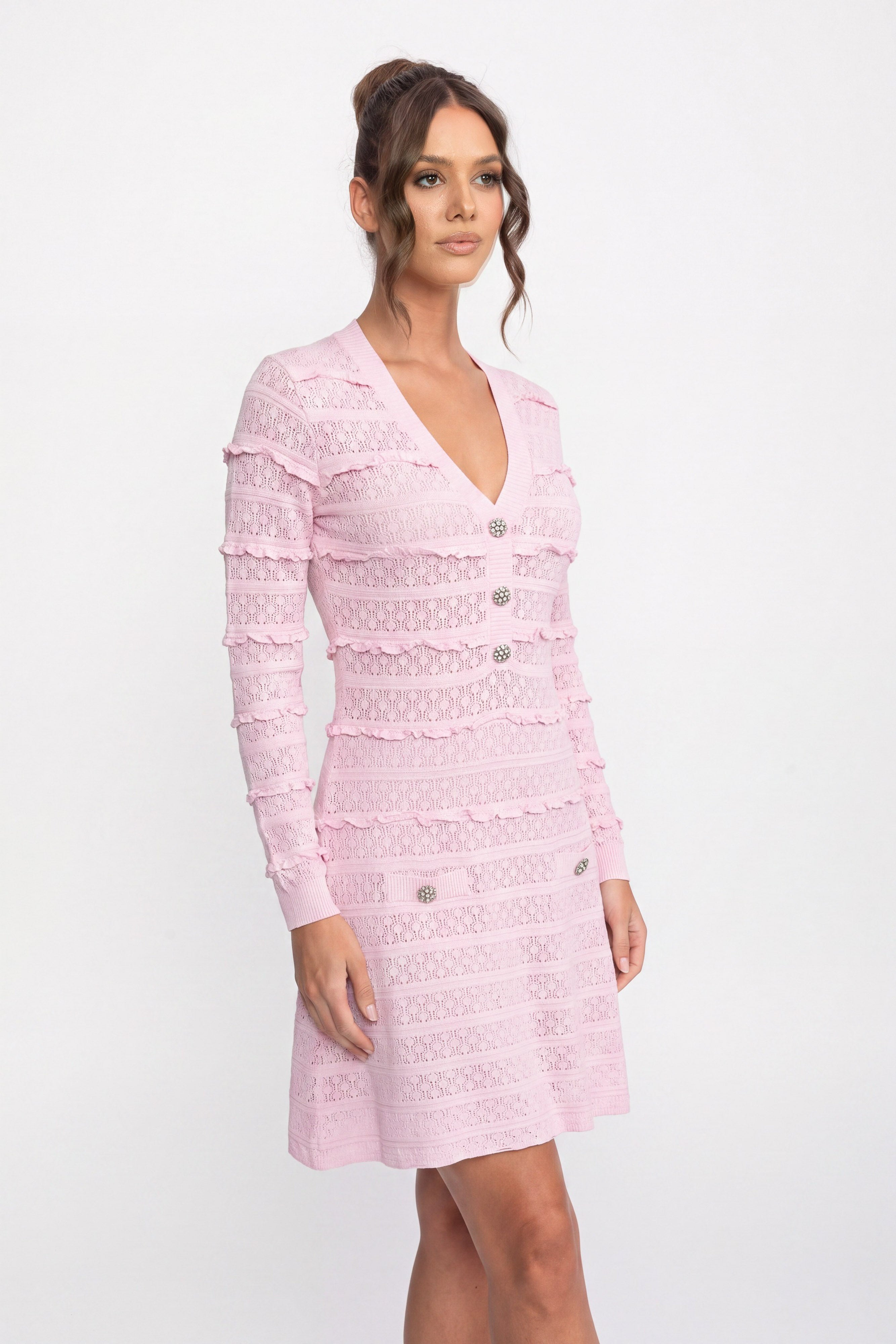 Robe en maille évasée ajustée à boutonnage frontal avec boutons en cristal - Pink 