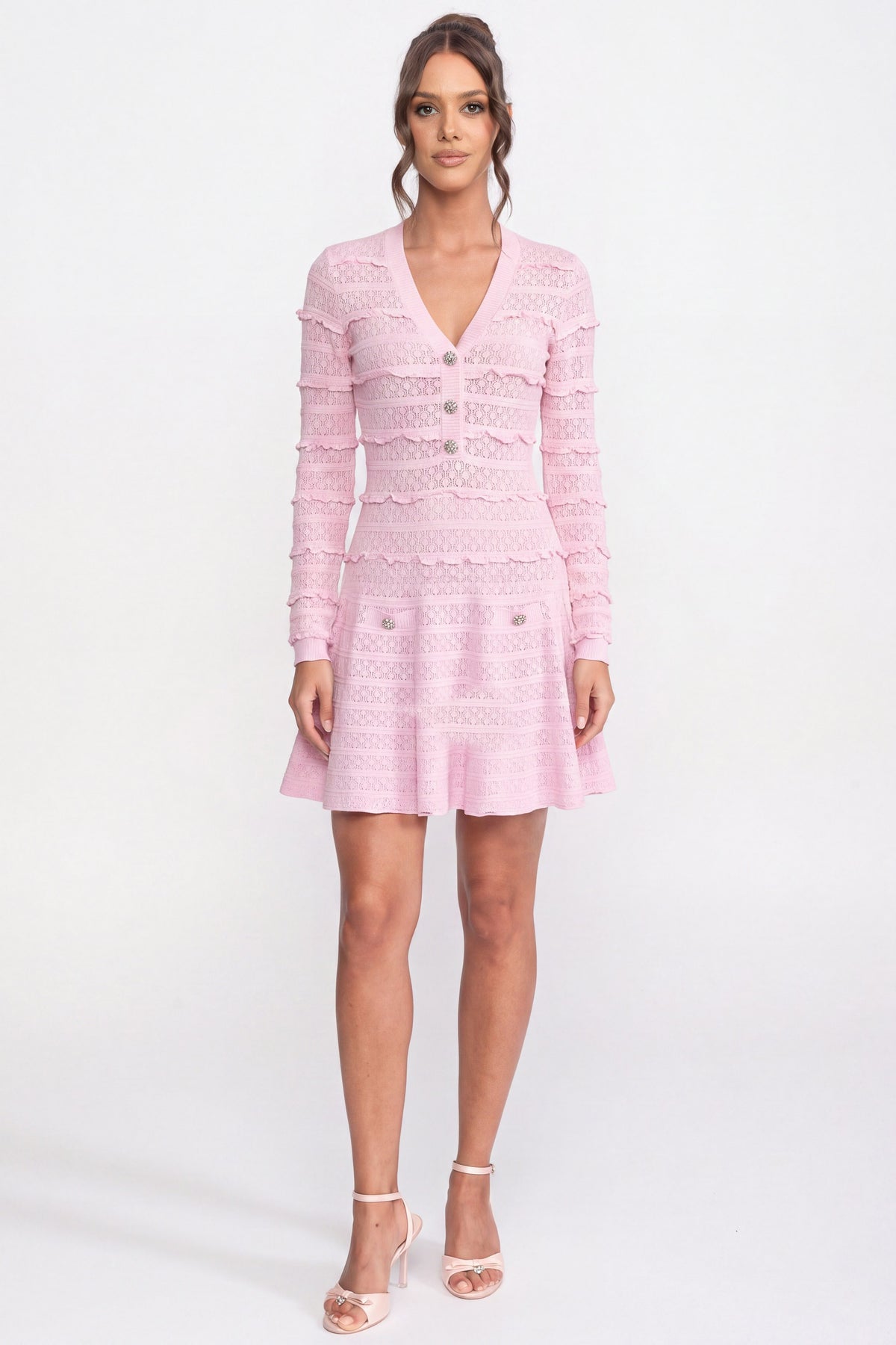 Robe en maille évasée ajustée à boutonnage frontal avec boutons en cristal - Pink 