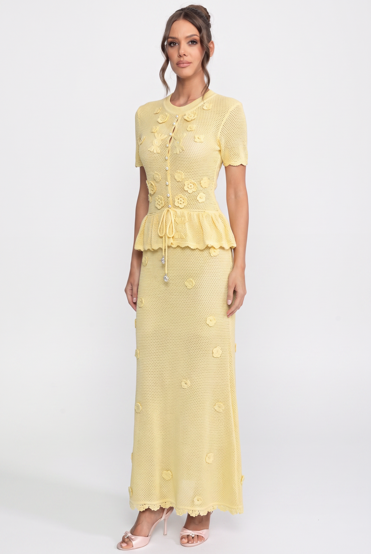 Robe longue à basque en crochet floral avec taille à cordon de serrage - Jaune 