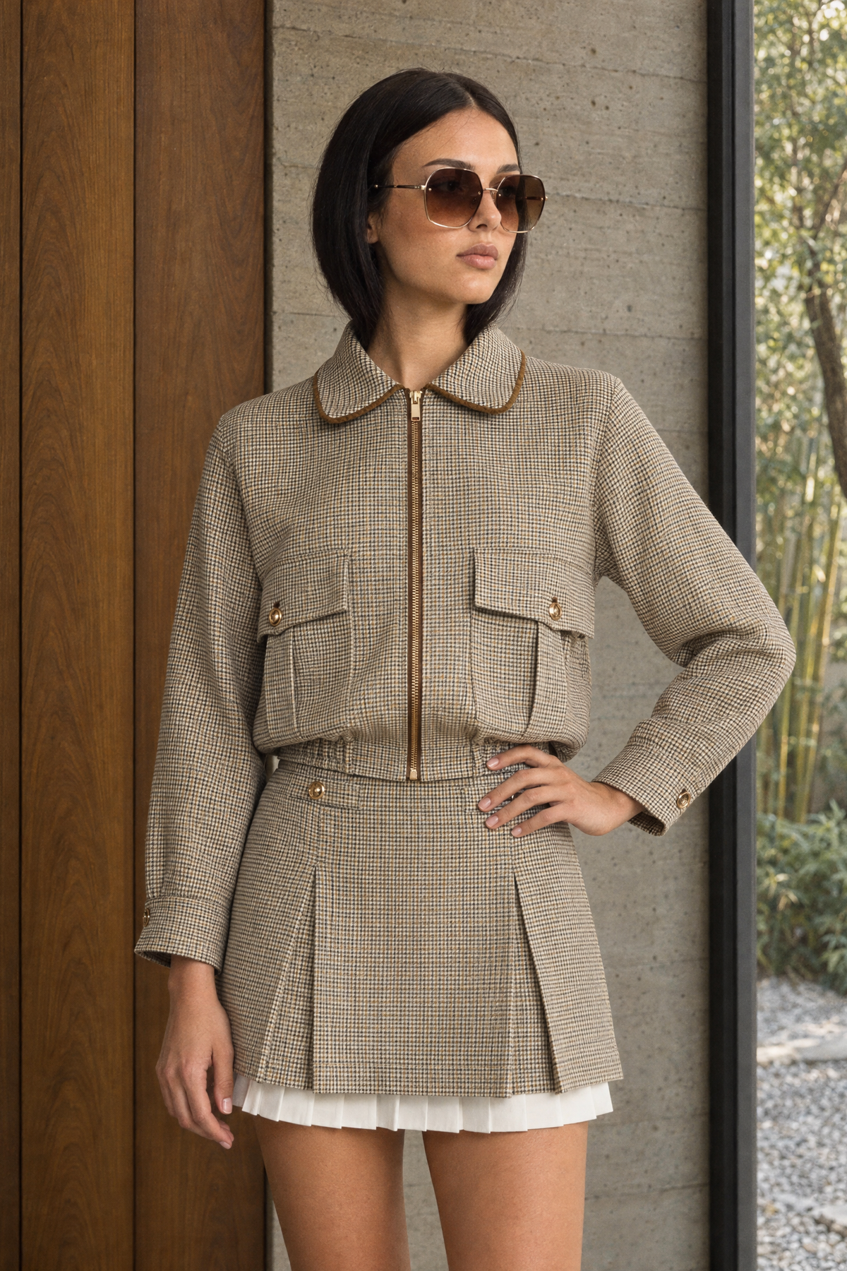Ensemble bomber pied-de-poule et mini-jupe plissée - Beige 