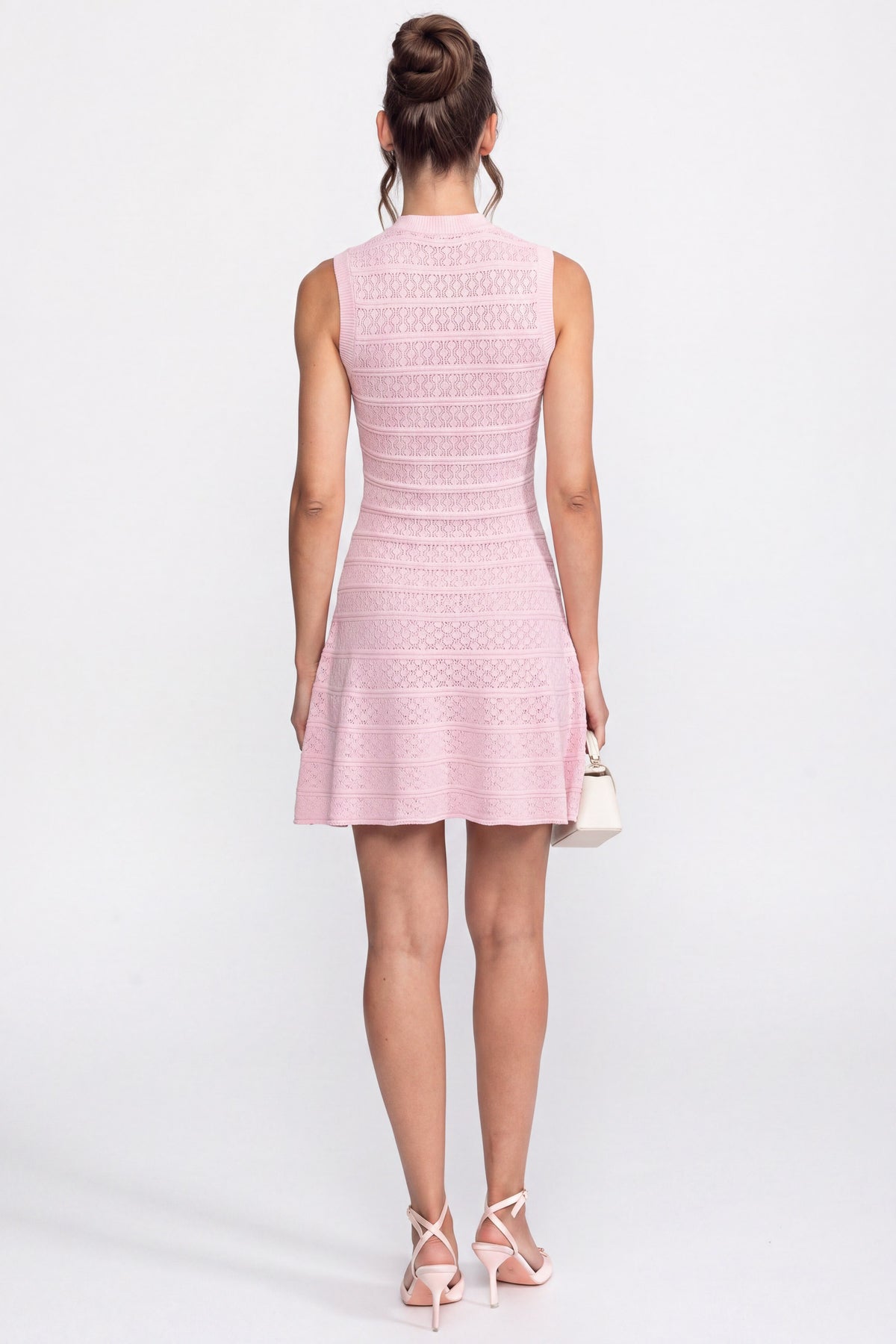 Button Front Knit Mini Dress With Round Neckline - Pink