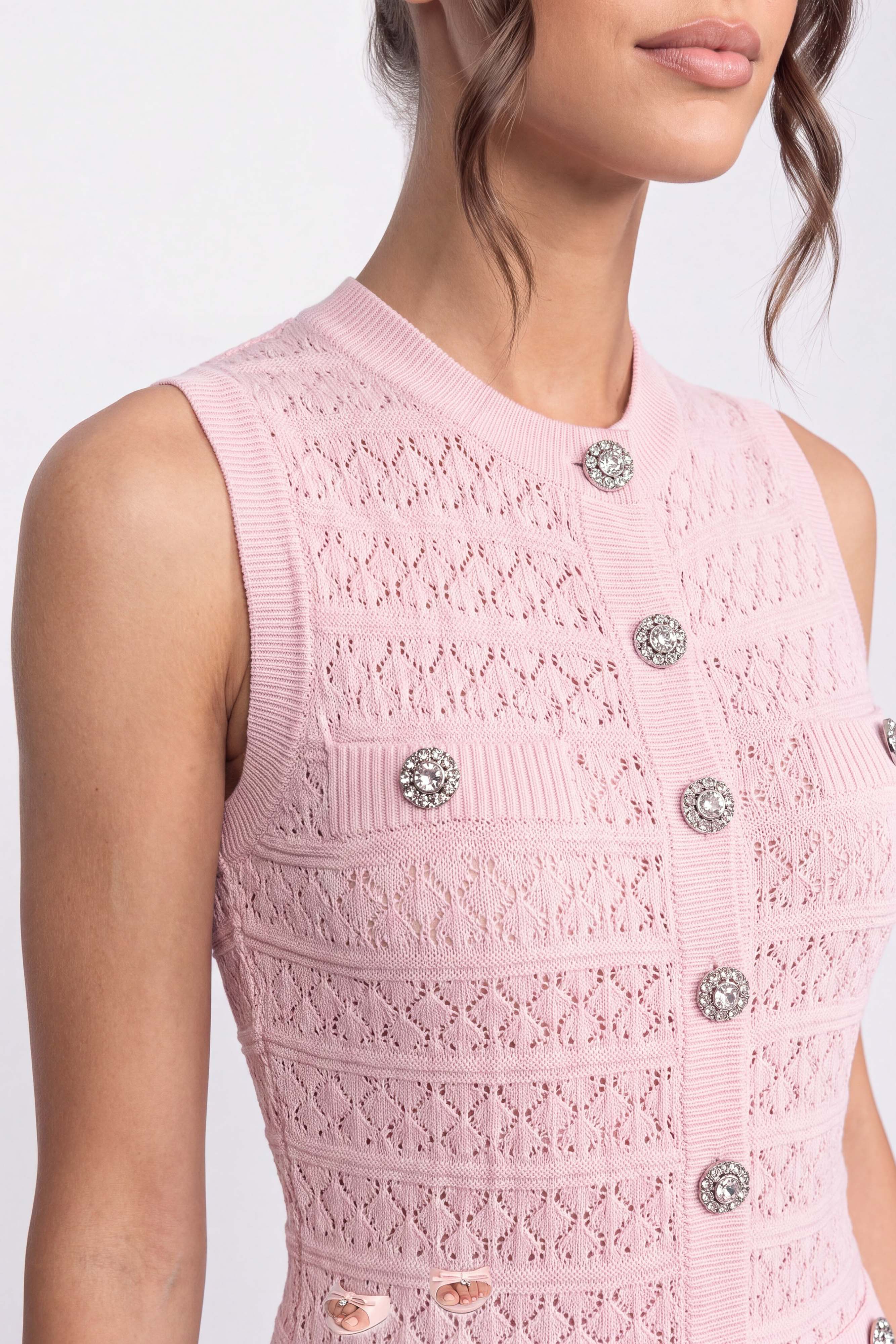 Button Front Knit Mini Dress With Round Neckline - Pink