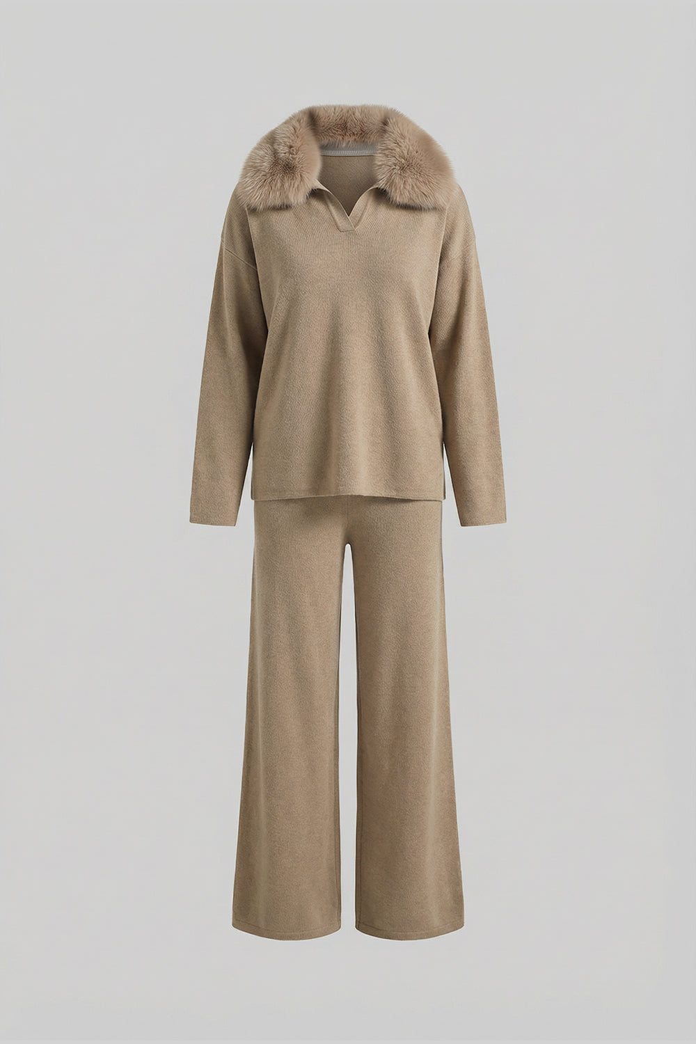 Ensemble coordonné Knit Lounge avec col en fourrure de renard – Kaki 