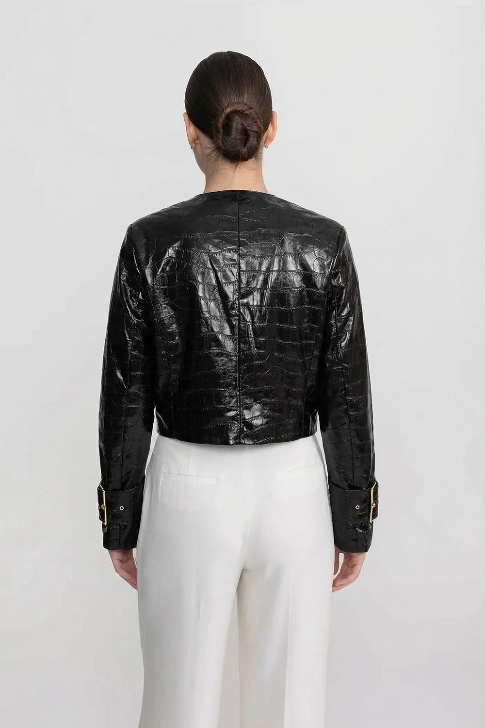 Veste Courte Effet Croco Avec Fermeture Bouton Or - Noir 