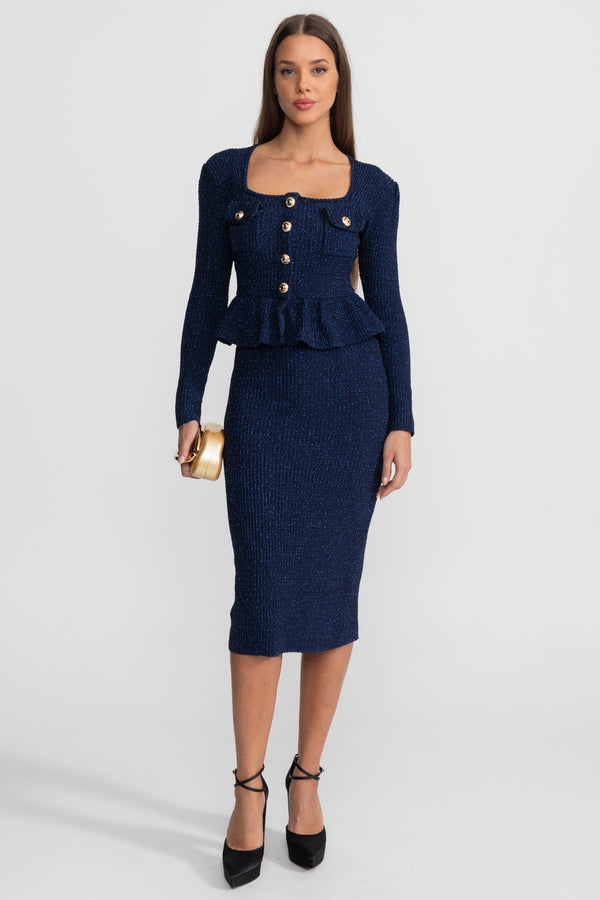 Robe en maille texturée avec taille peplum et boutons dorés - Bleu foncé 