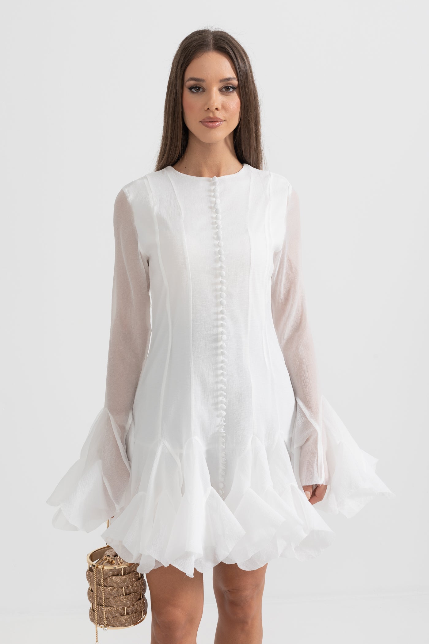 Robe à silhouette élégante avec manches évasées et ourlet évasé - Blanc 