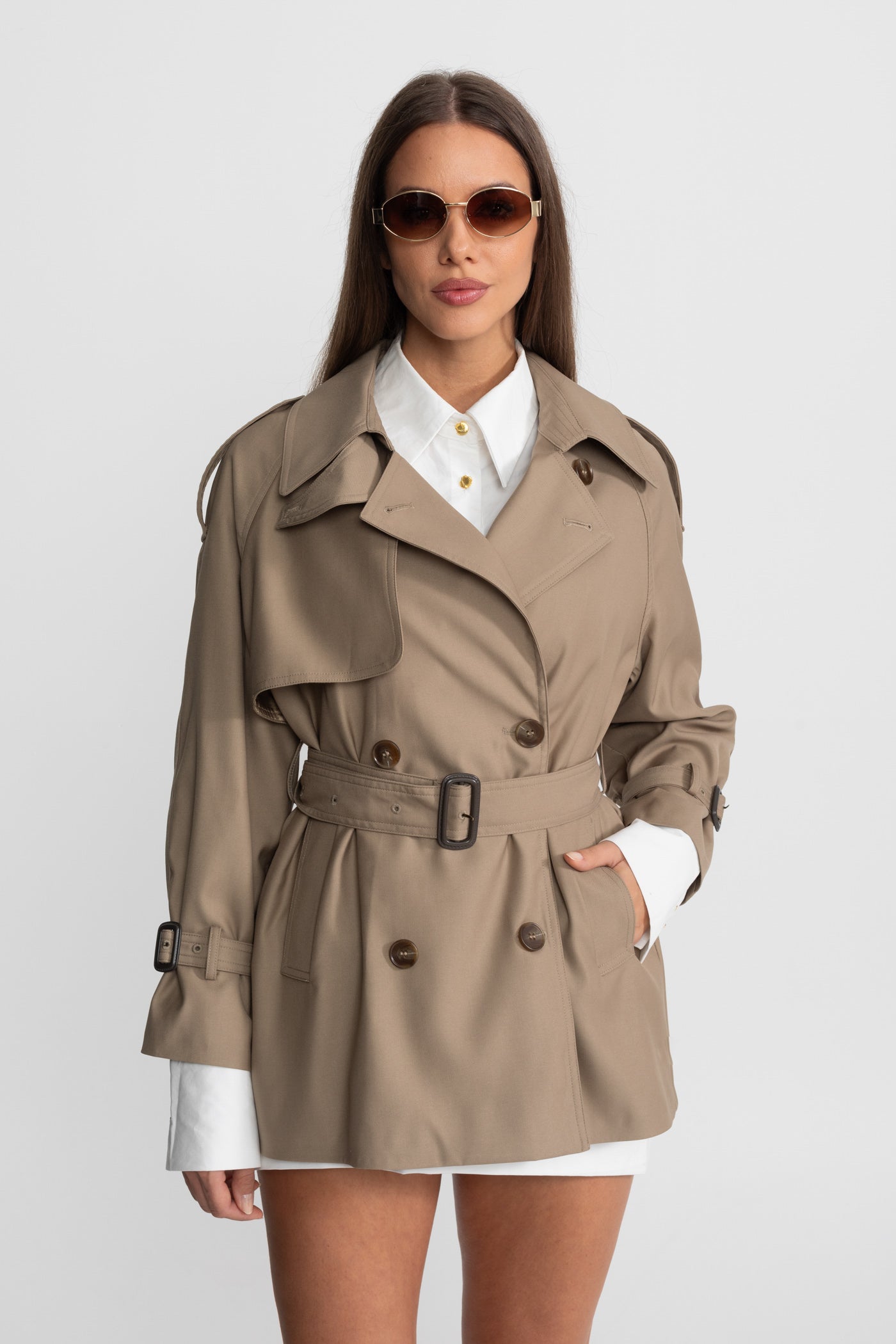 Classic Double-Breasted Trench Coat With Belted Waist – Khaki