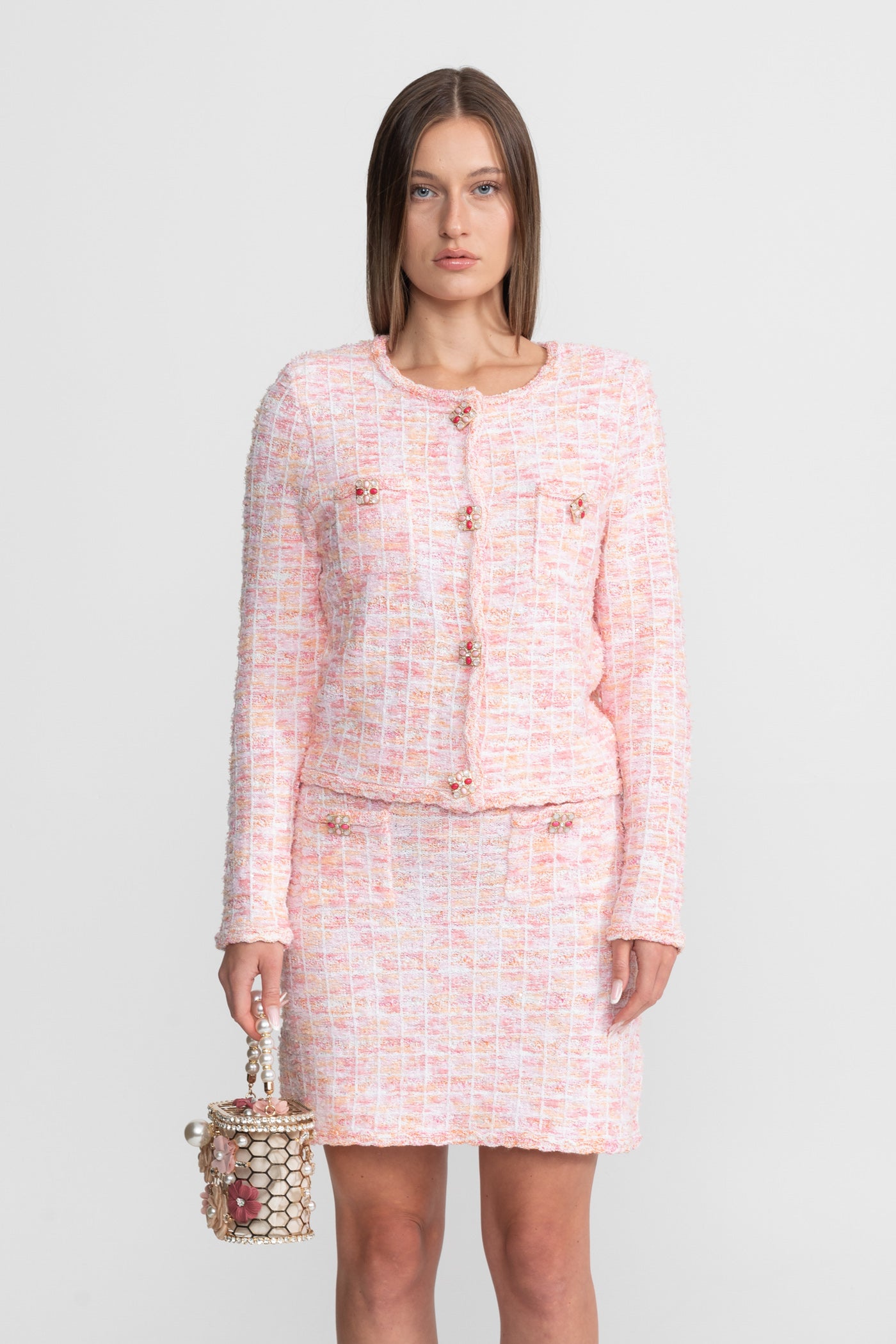Ensemble coordonné en tweed avec boutons ornés – Rose blush 