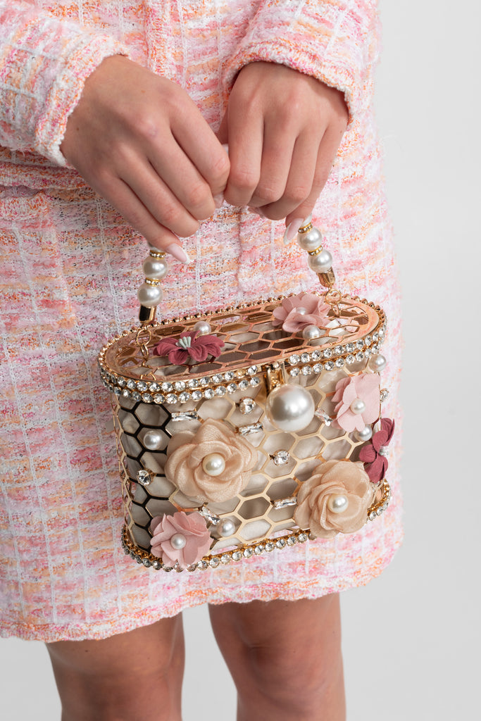 Embellished Floral Clutch With Pearl Handle – Gold