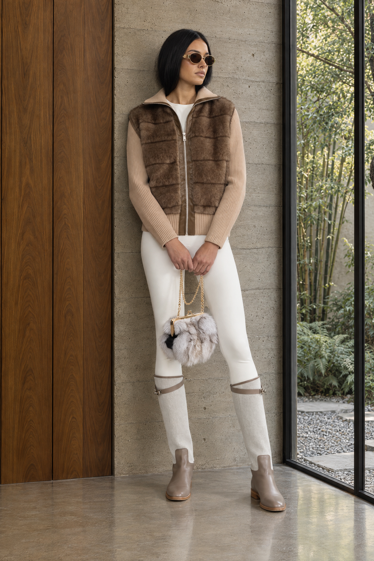 Veste zippée à manches en maille à panneaux duveteux - Mocha 
