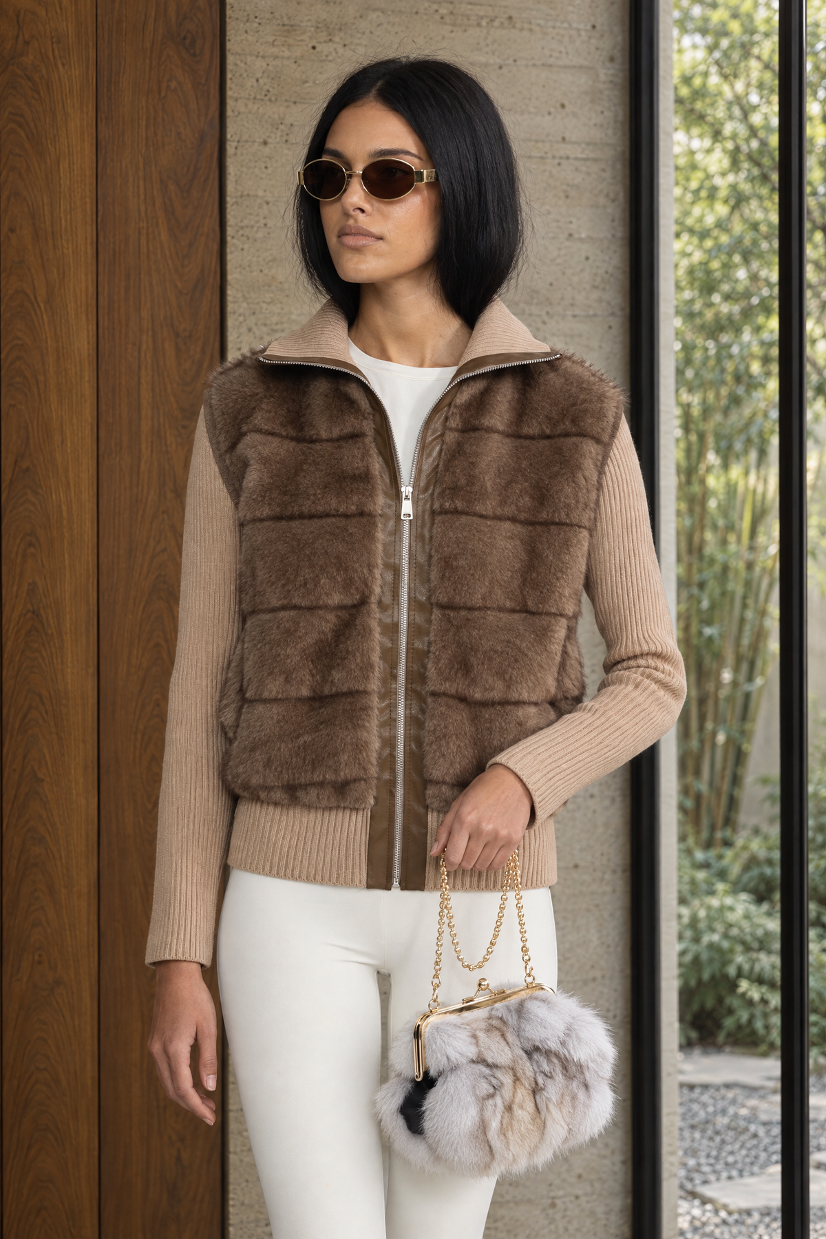 Veste zippée à manches en maille à panneaux duveteux - Mocha 