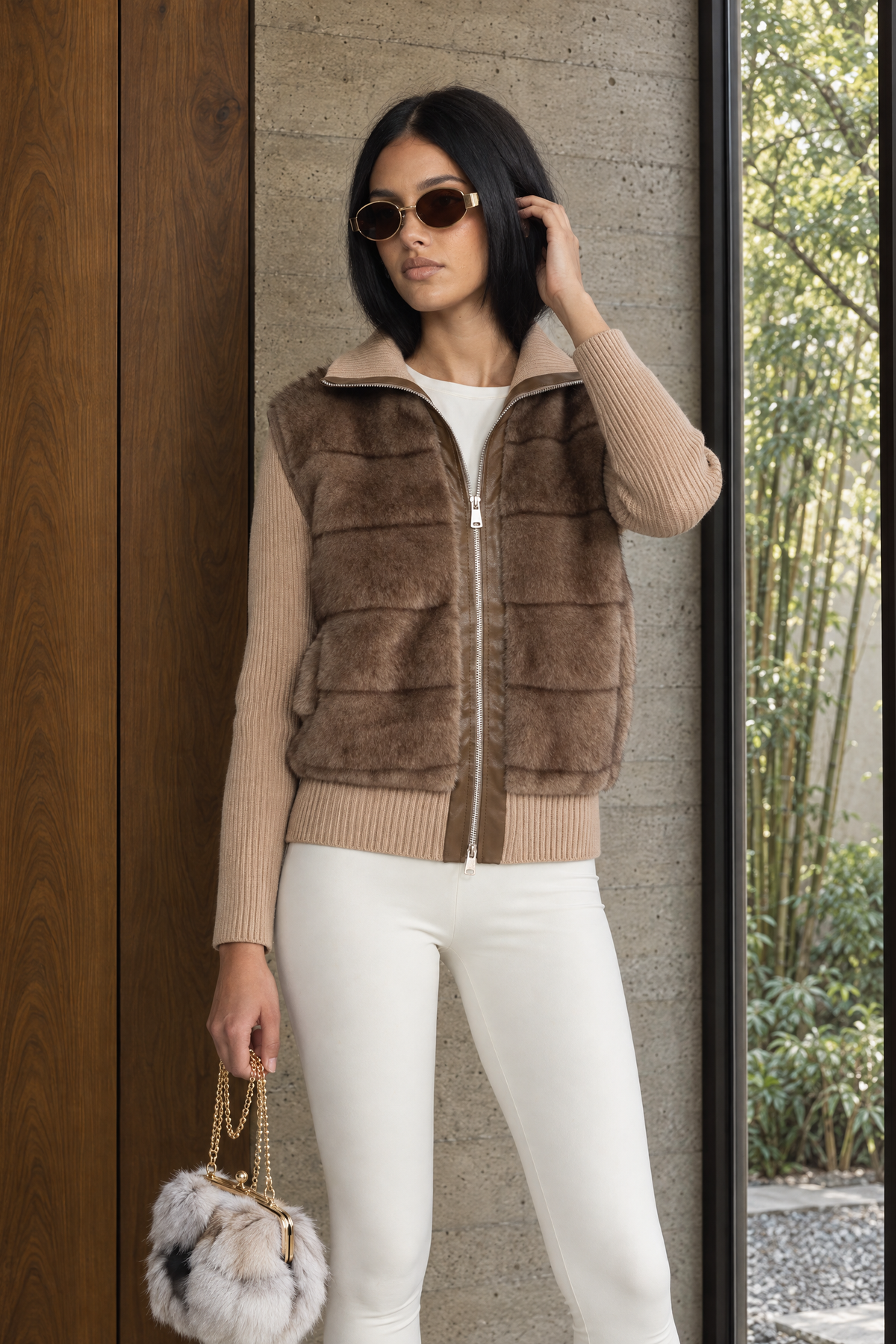 Veste zippée à manches en maille à panneaux duveteux - Mocha 