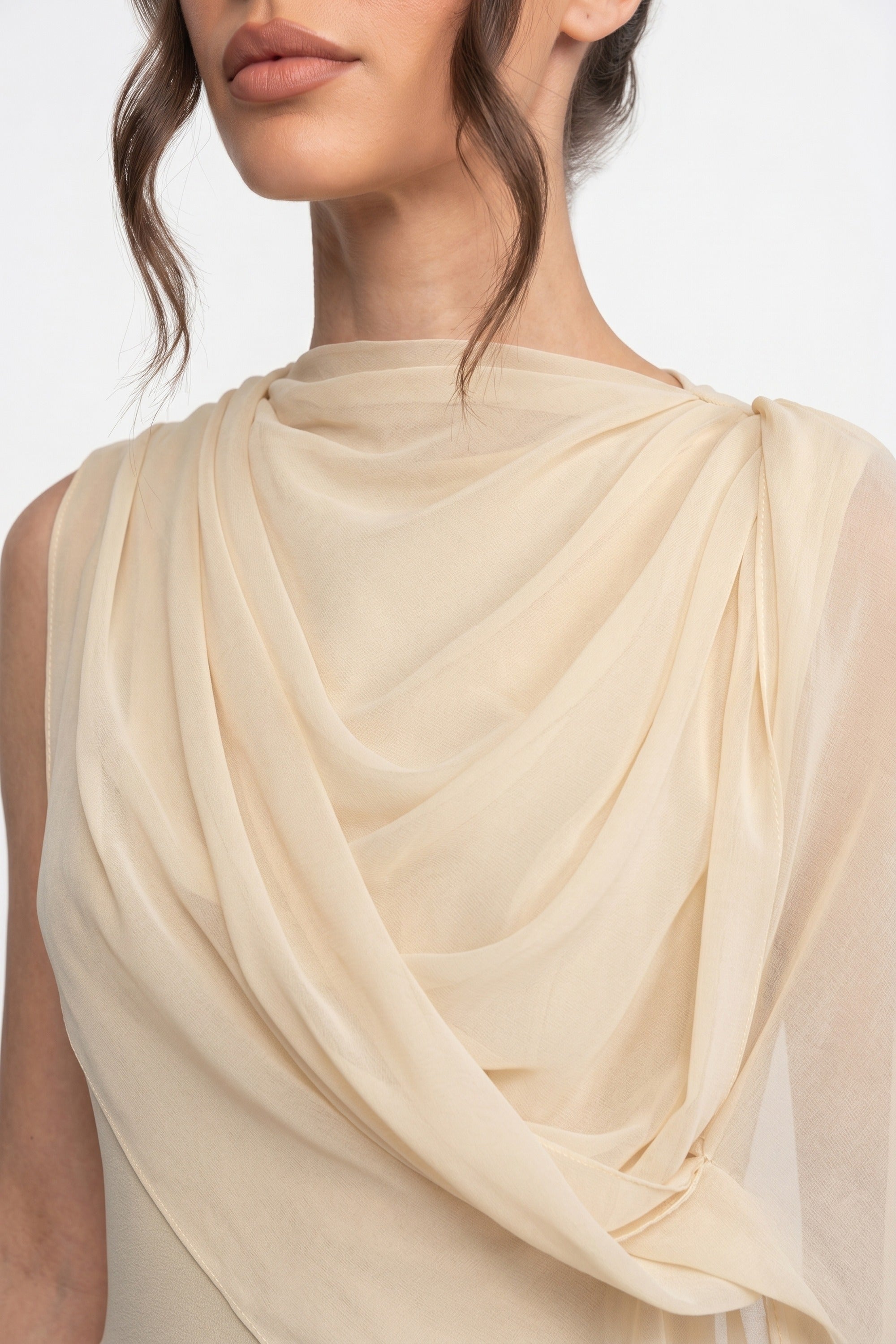 Robe Maxi Drapée à Une Épaule avec Détail Écharpe Transparente - Jaune 