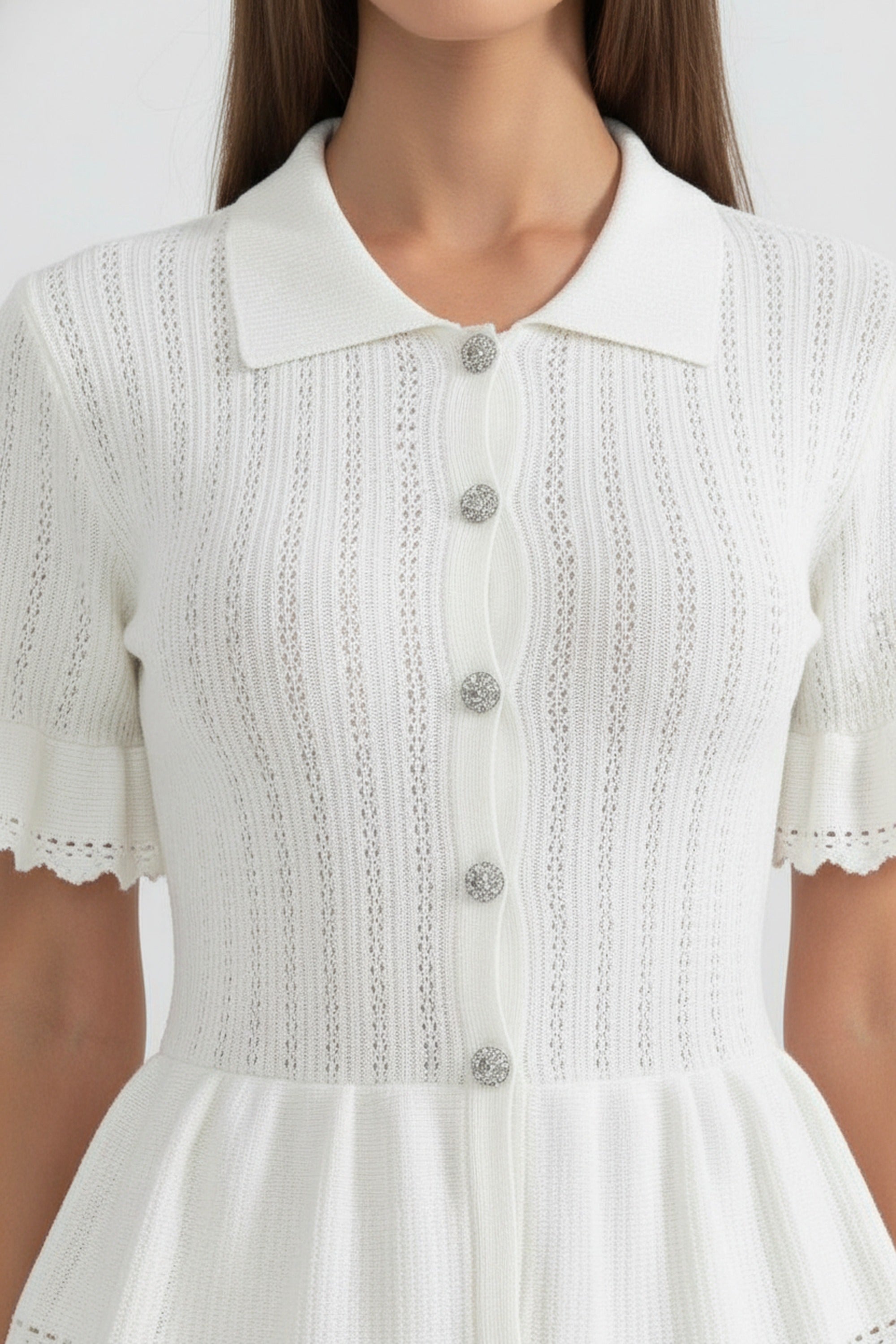 Robe longue peplum en maille à col Claudine avec ourlet en dentelle - Blanc 