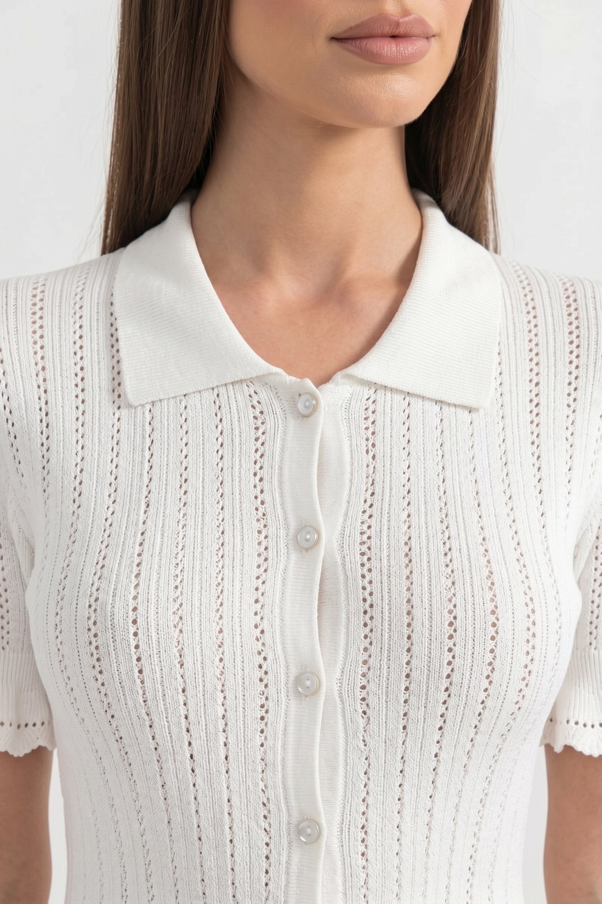 Robe longue peplum en maille à col Claudine avec ourlet en dentelle - Blanc 