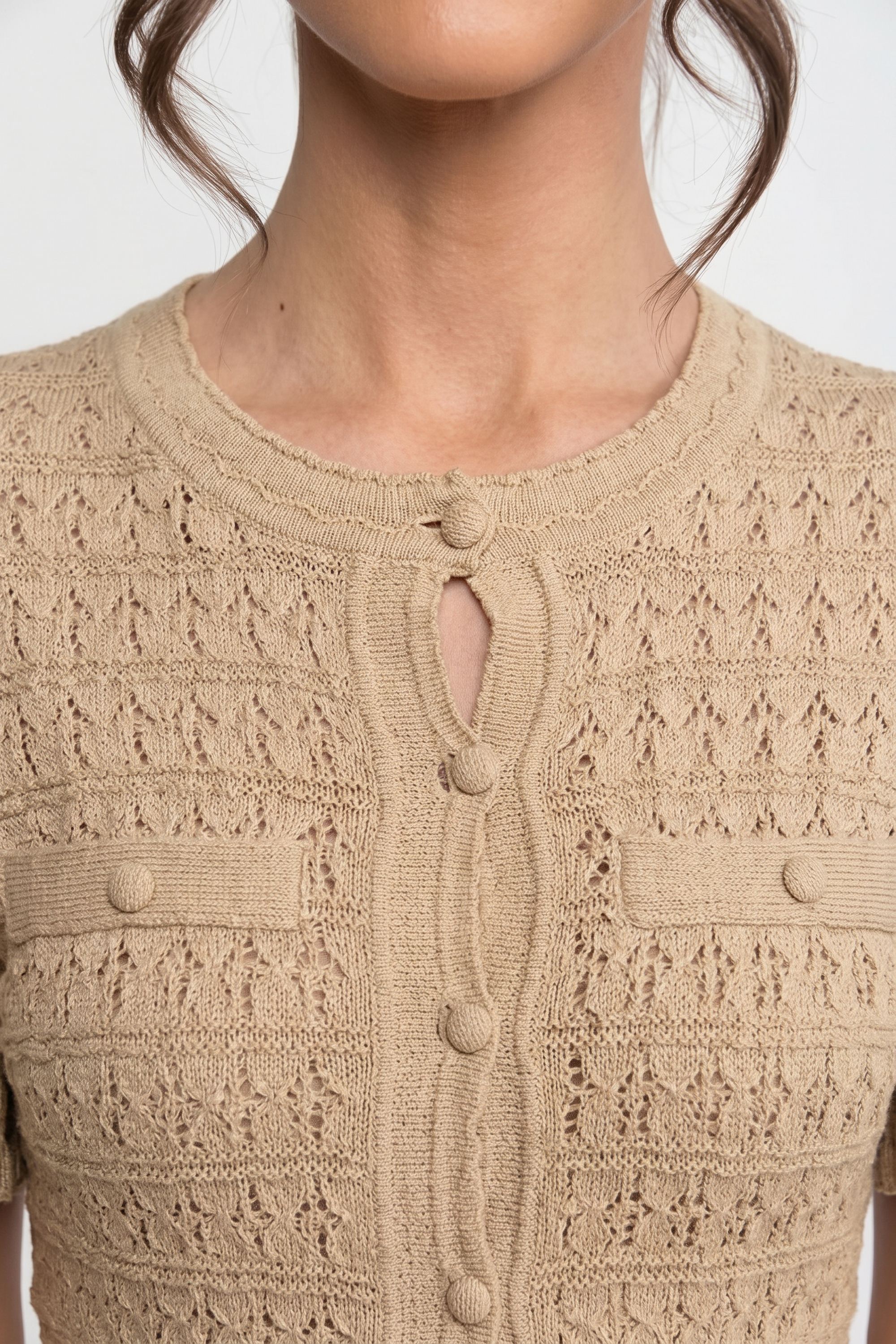 Robe midi à manches courtes avec texture en maille scintillante - Beige 