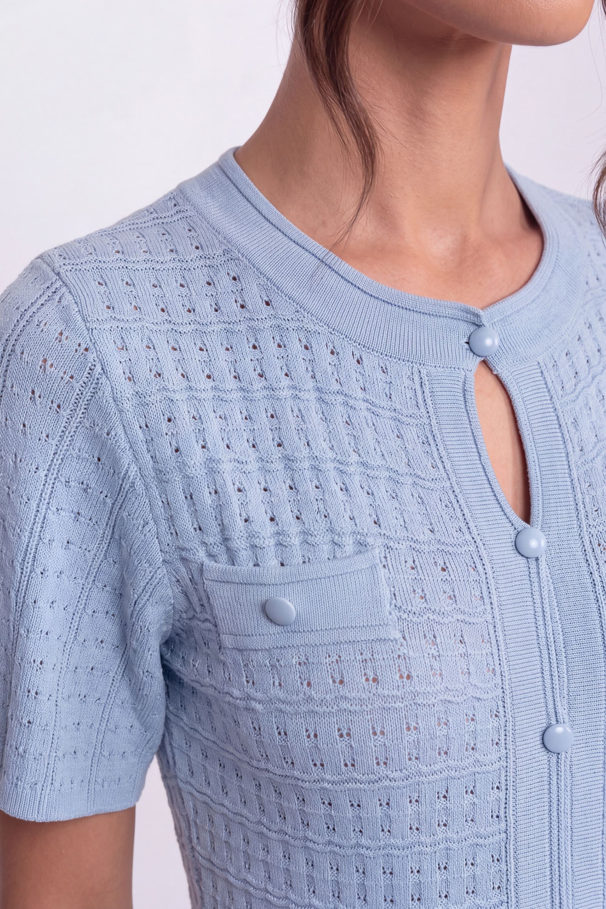 Robe midi à manches courtes avec texture tricotée scintillante - Light Blue 