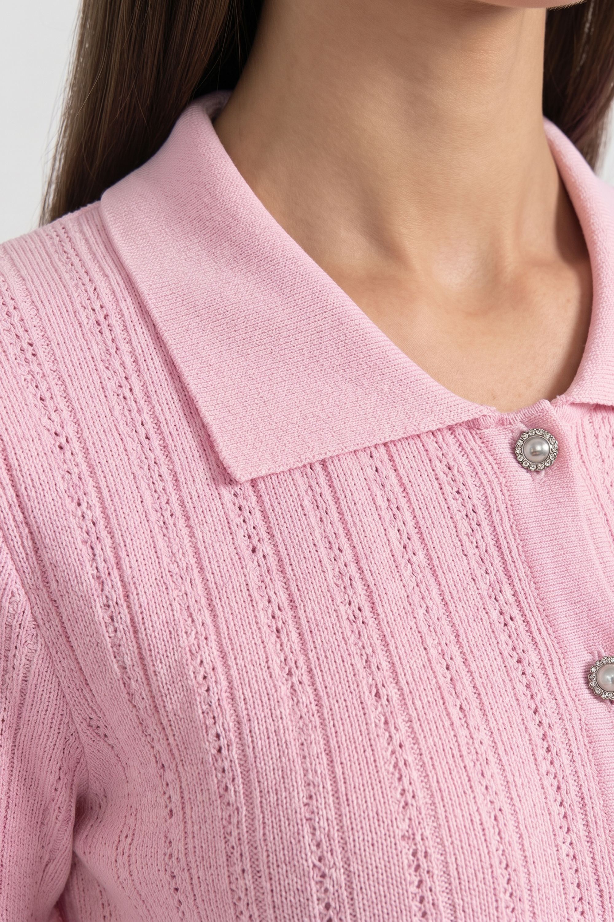 Robe maxi en maille à col Claudine et basque, avec ourlet en dentelle - Rose 