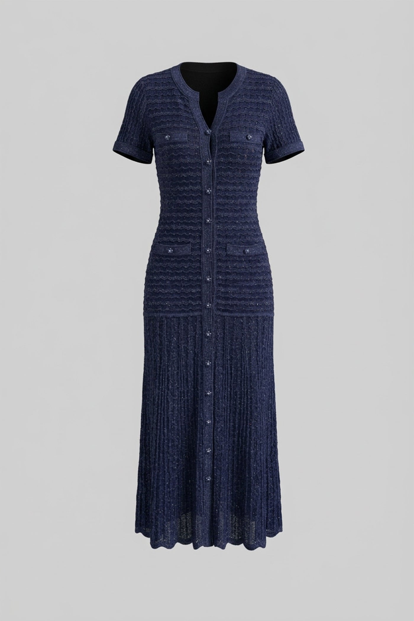 Robe Midi à Manches Courtes avec Texture Tricotée Scintillante - Navy 