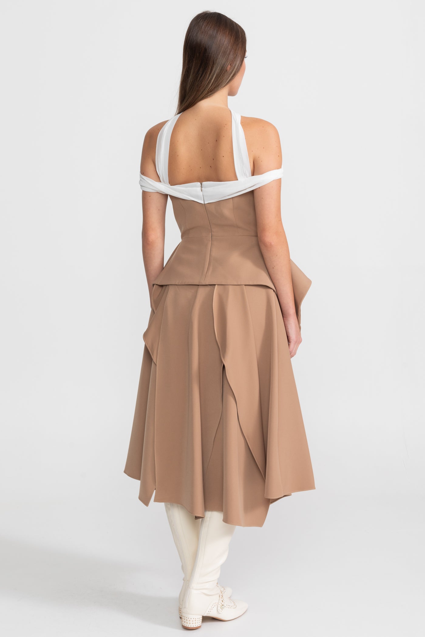 Draped Peplum Off-Shoulder Co-ord With Contrasting Neckline – Camel/Ivoire