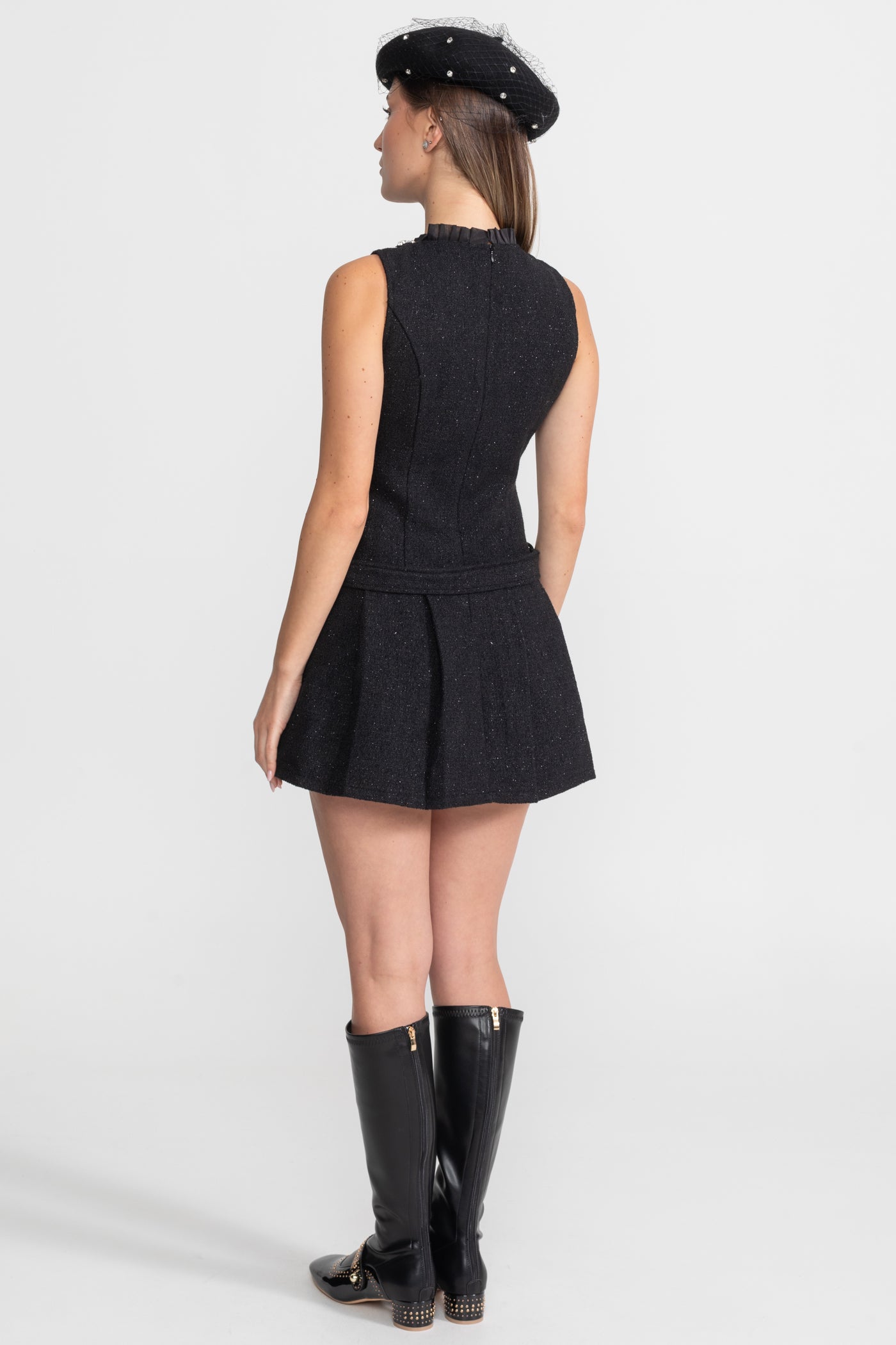 Robe Mini en Tweed Ornée de Cristaux avec Ceinture – Noir 